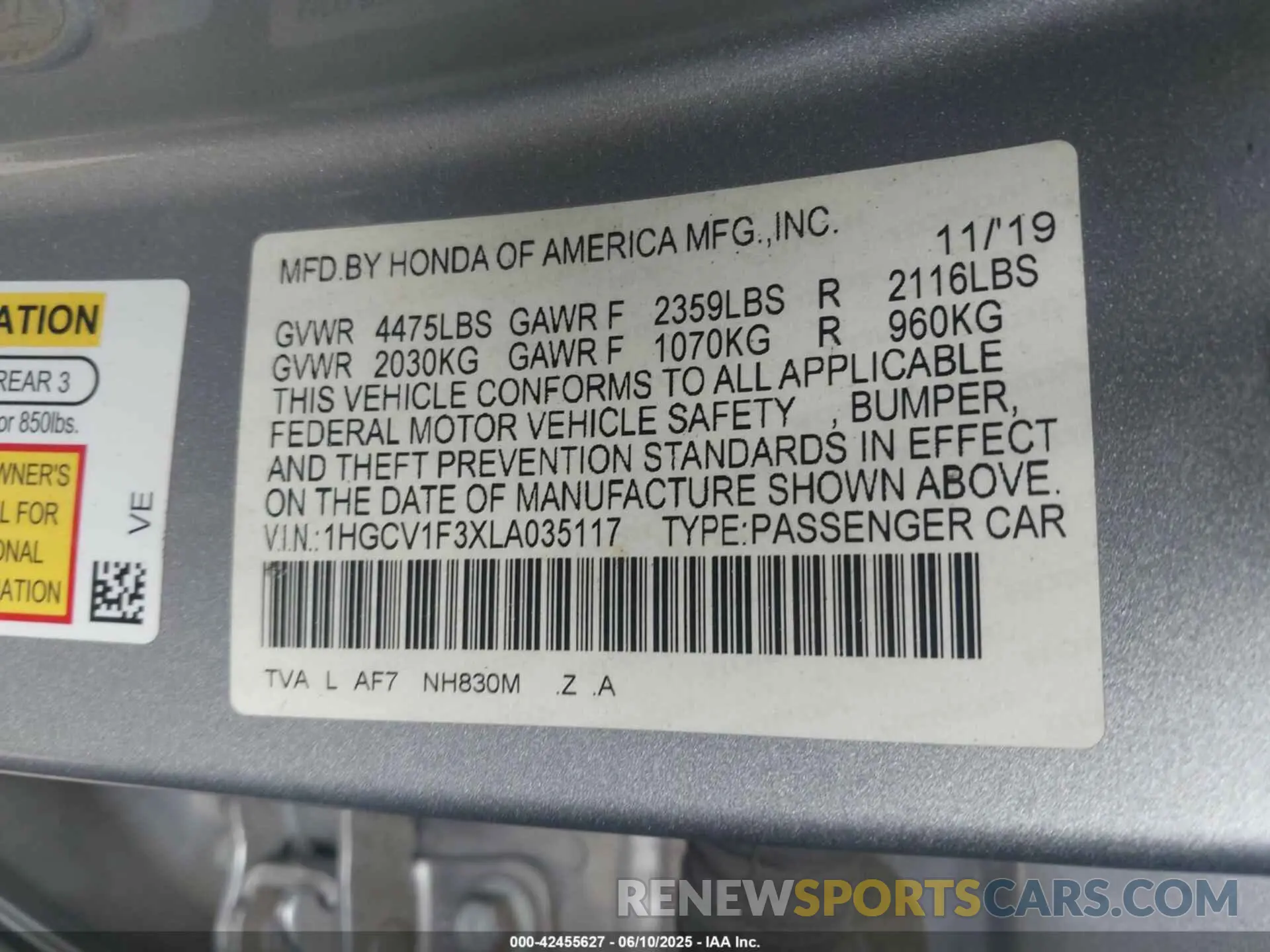 9 fotografías del automóvil dañado 1HGCV1F3XLA035117 HONDA ACCORD 2020