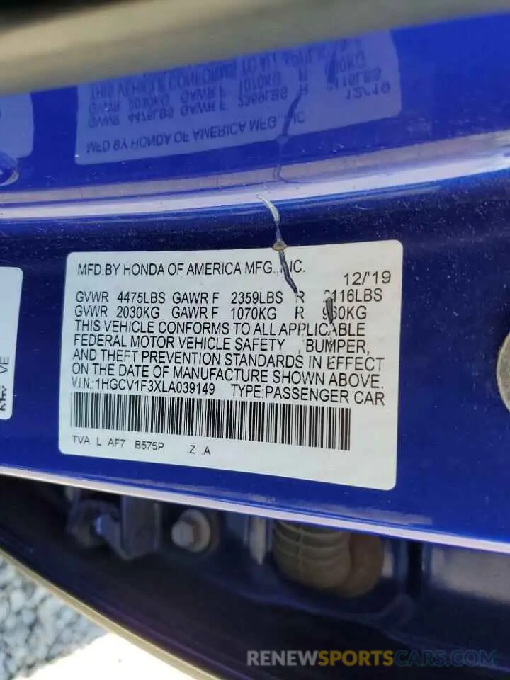 12 fotografías del automóvil dañado 1HGCV1F3XLA039149 HONDA ACCORD 2020