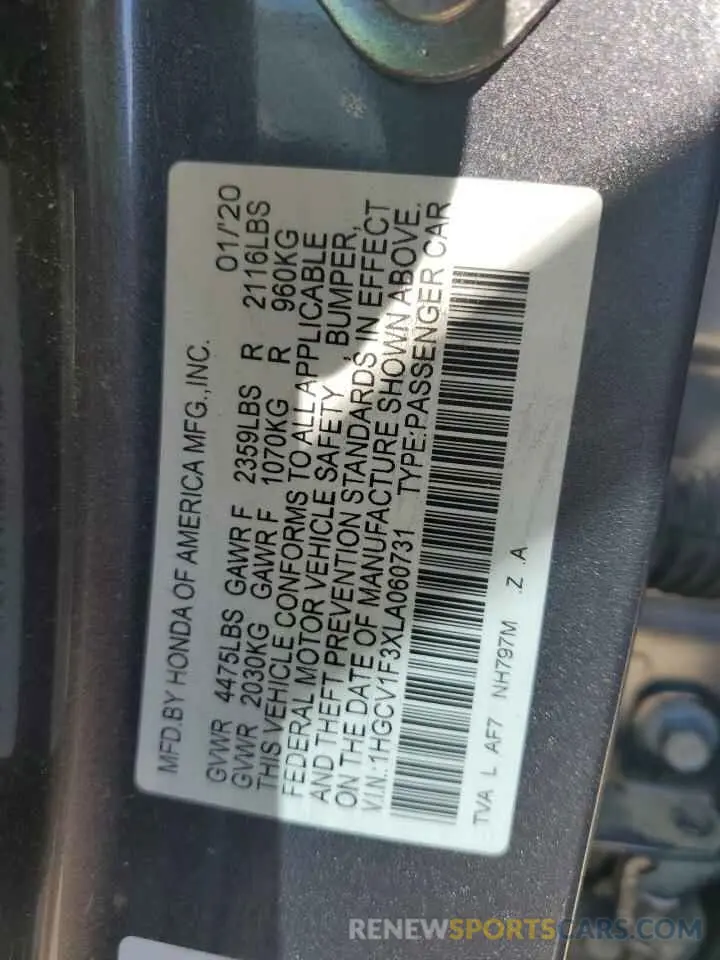 12 fotografías del automóvil dañado 1HGCV1F3XLA060731 HONDA ACCORD 2020