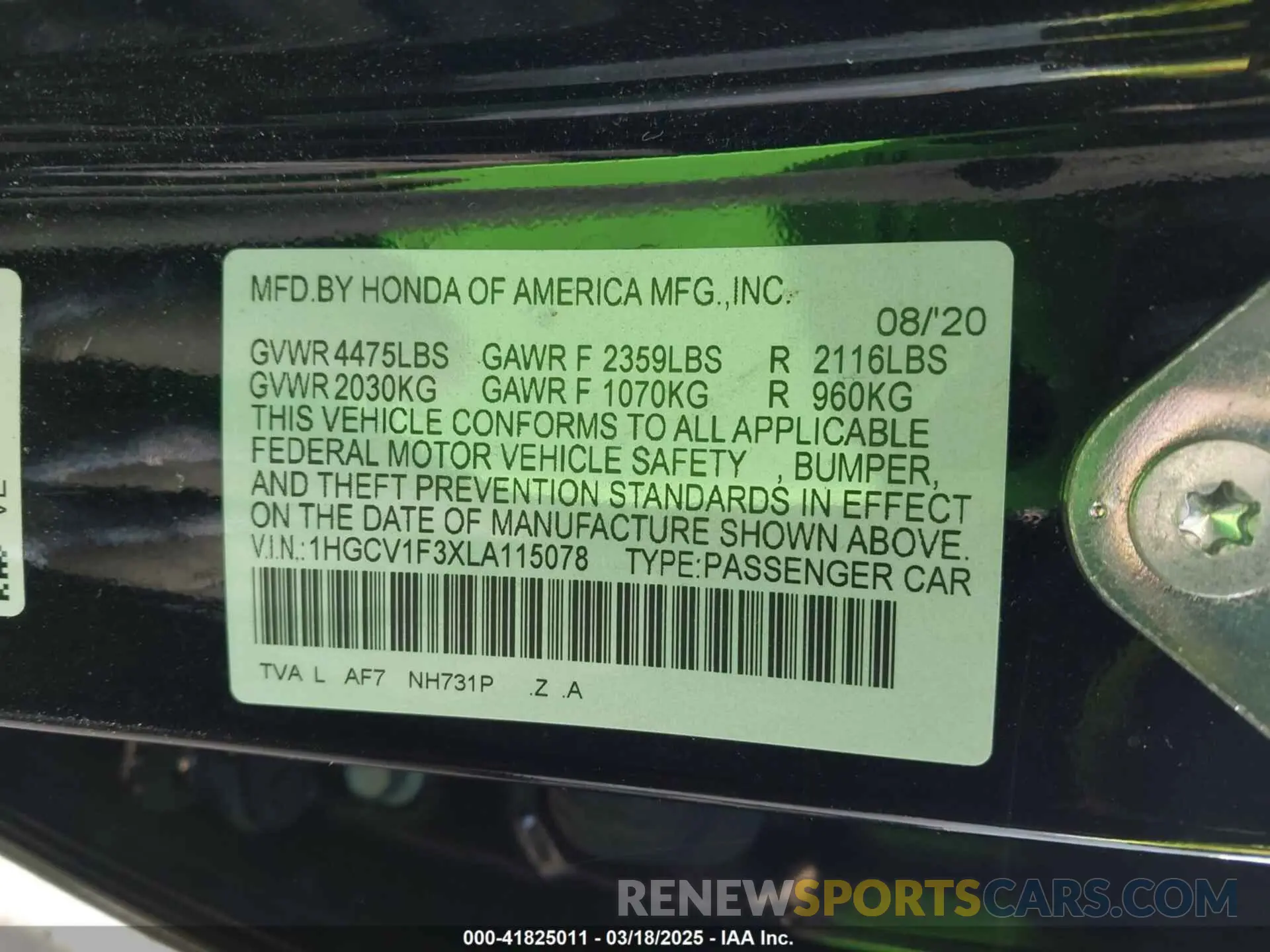 9 fotografías del automóvil dañado 1HGCV1F3XLA115078 HONDA ACCORD 2020