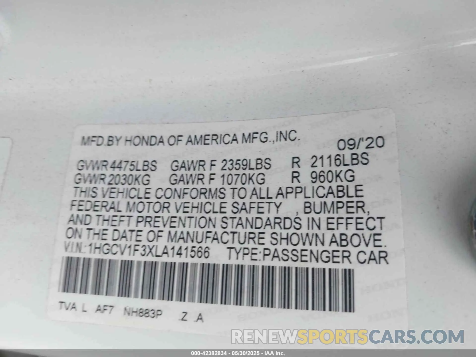 9 fotografías del automóvil dañado 1HGCV1F3XLA141566 HONDA ACCORD 2020