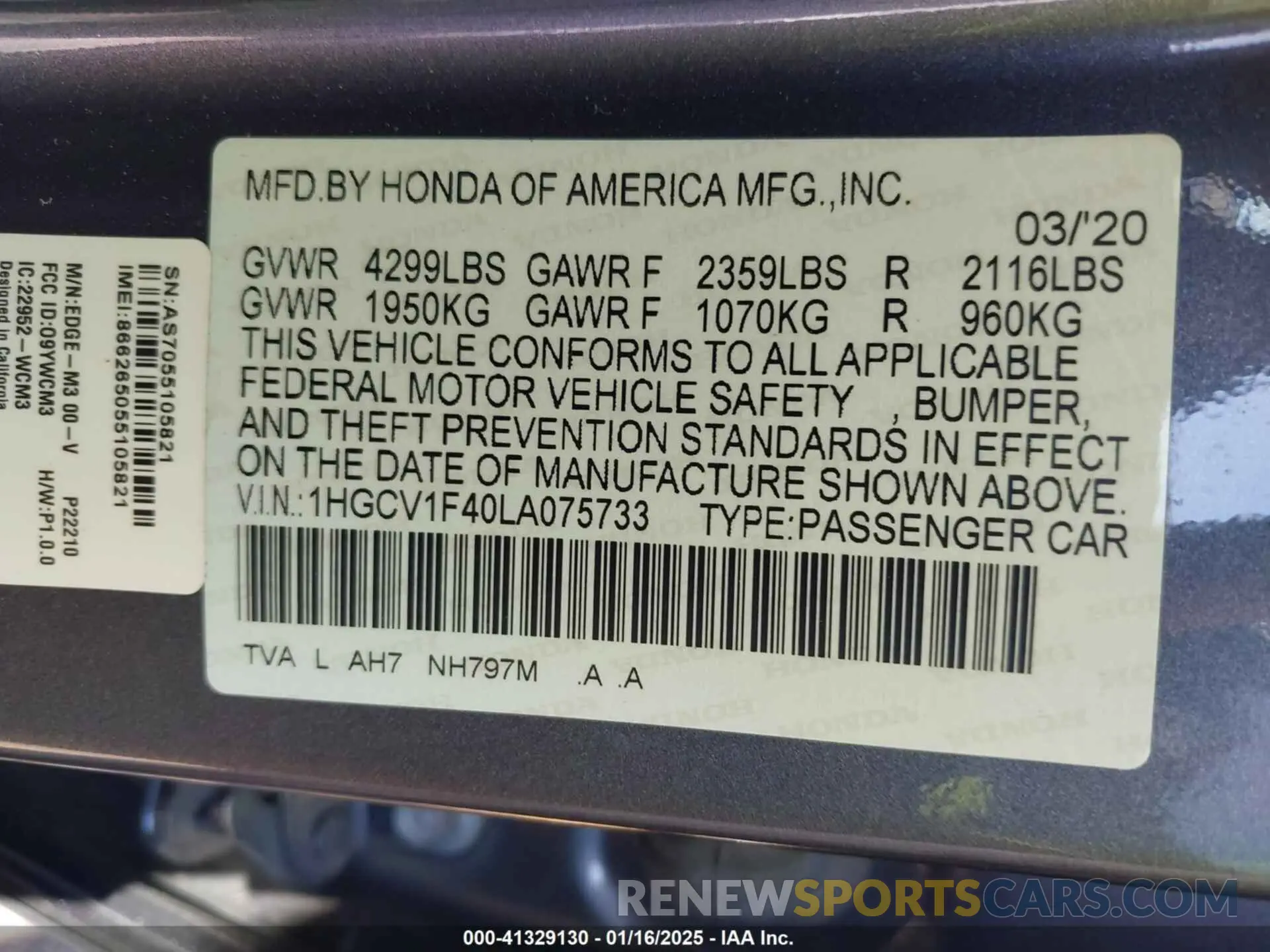 9 fotografías del automóvil dañado 1HGCV1F40LA075733 HONDA ACCORD 2020