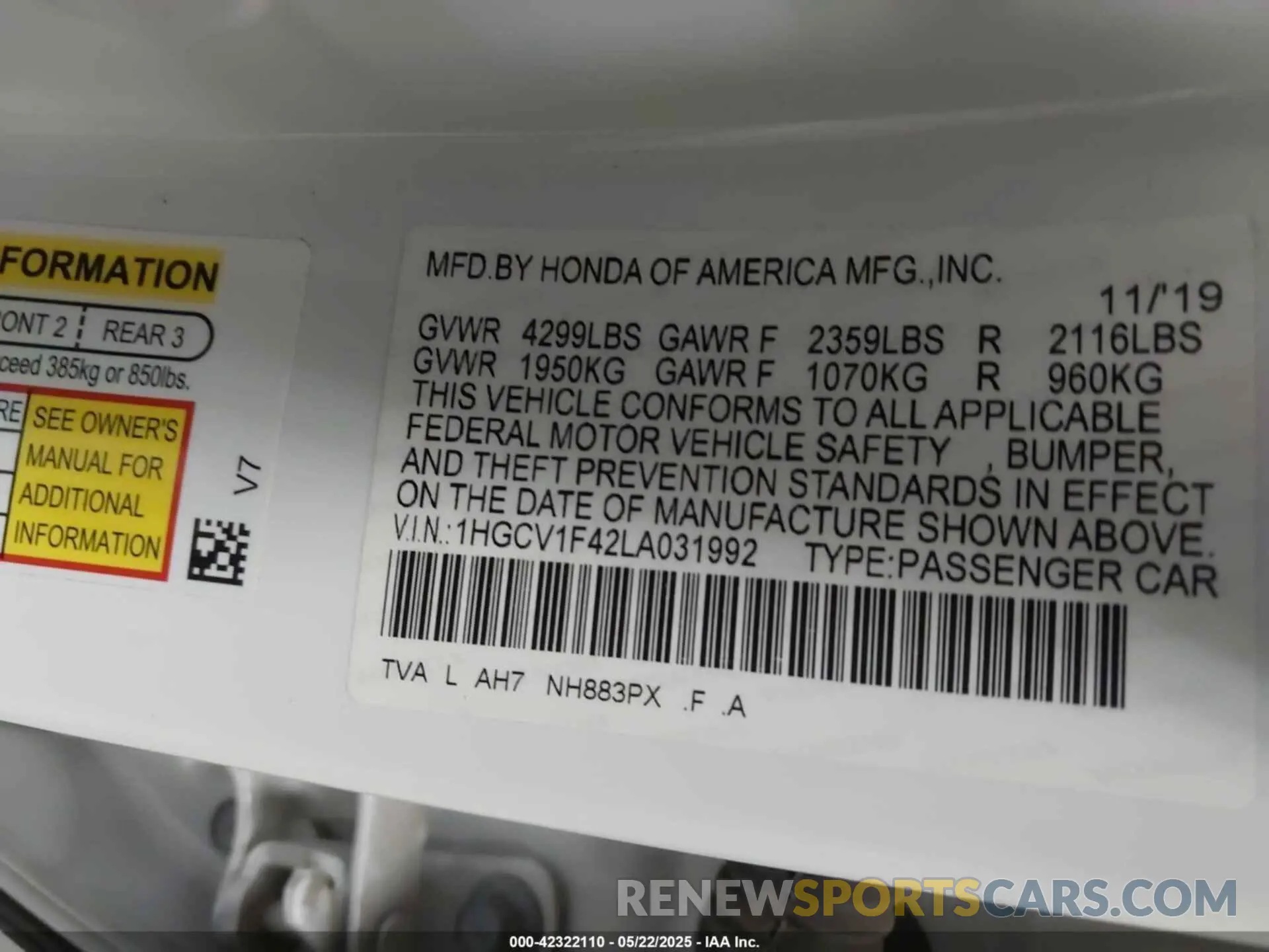 9 fotografías del automóvil dañado 1HGCV1F42LA031992 HONDA ACCORD 2020