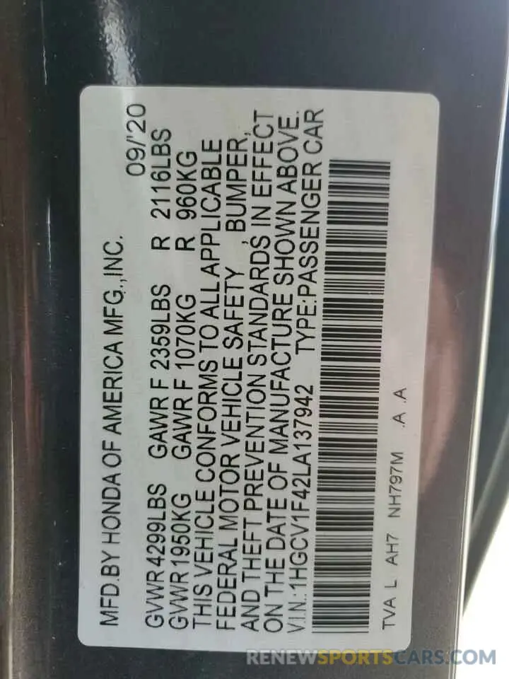 14 fotografías del automóvil dañado 1HGCV1F42LA137942 HONDA ACCORD 2020