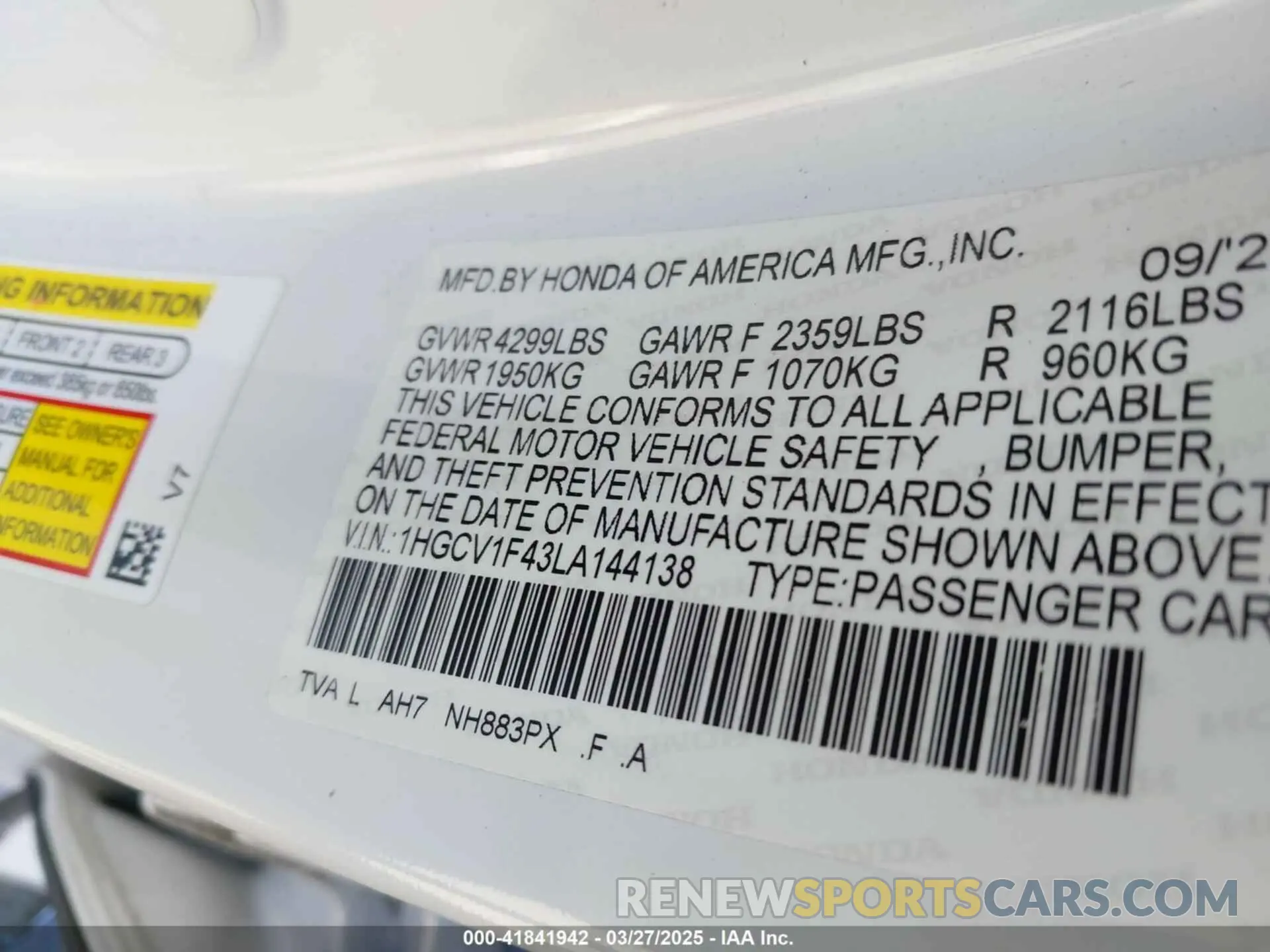 9 fotografías del automóvil dañado 1HGCV1F43LA144138 HONDA ACCORD 2020