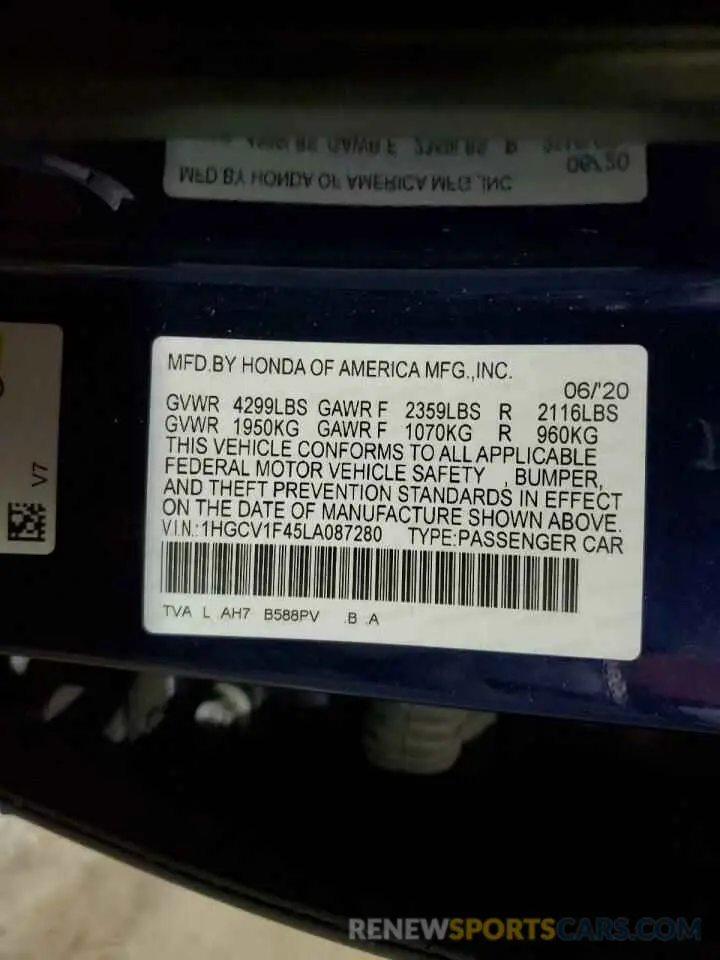 12 fotografías del automóvil dañado 1HGCV1F45LA087280 HONDA ACCORD 2020