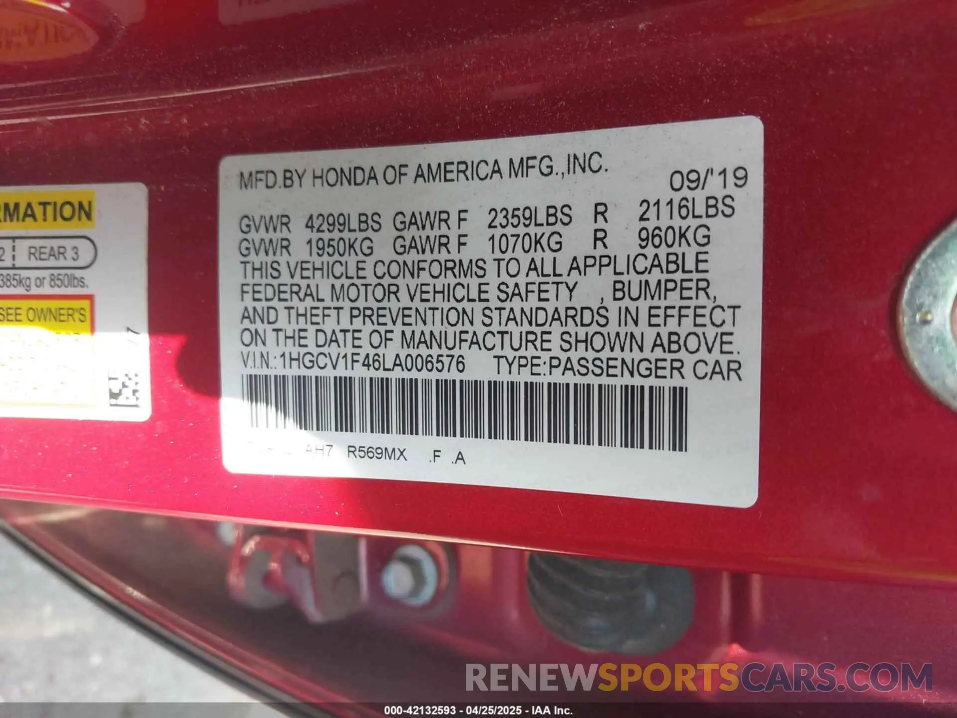 9 fotografías del automóvil dañado 1HGCV1F46LA006576 HONDA ACCORD 2020