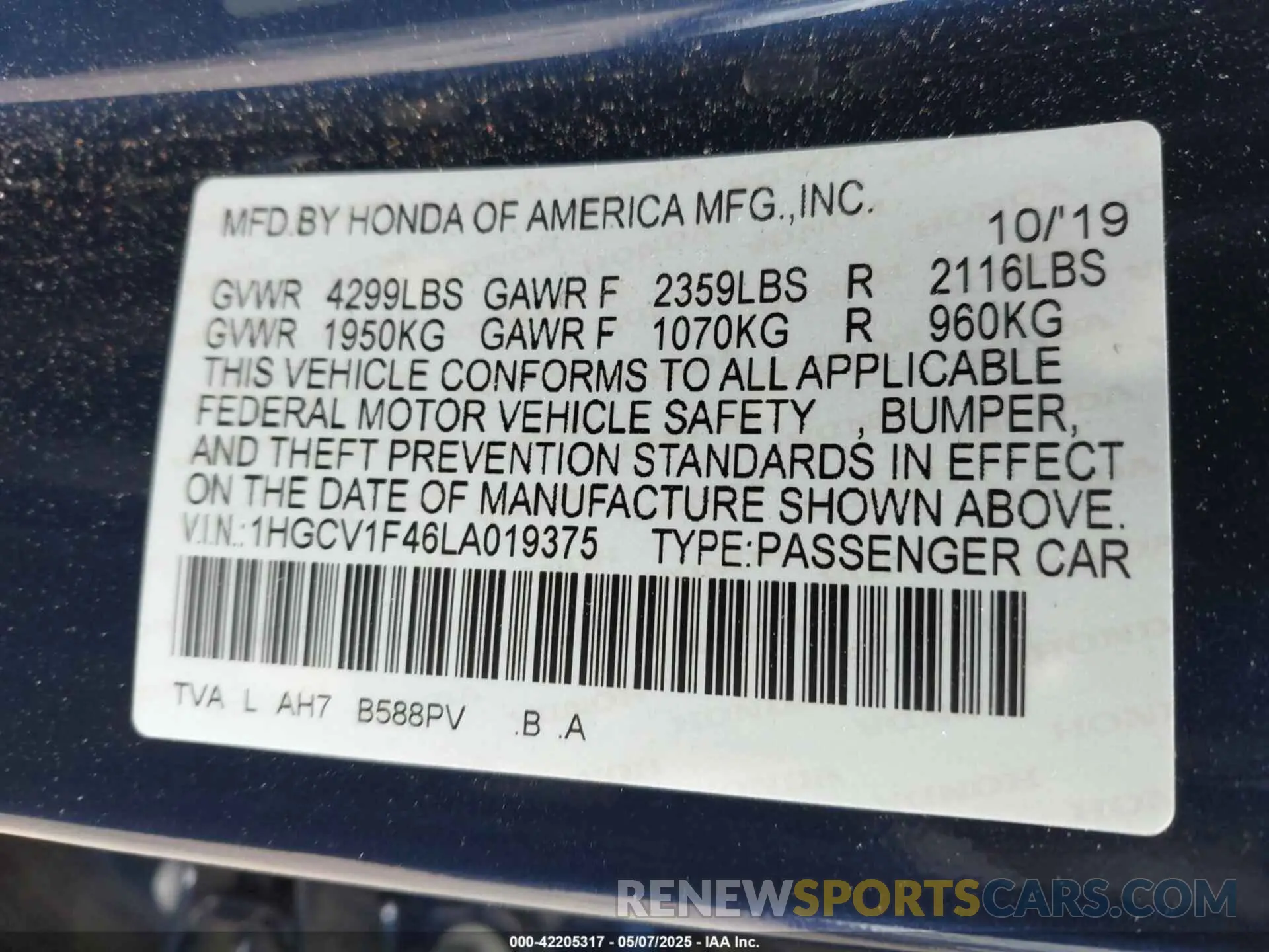 9 fotografías del automóvil dañado 1HGCV1F46LA019375 HONDA ACCORD 2020