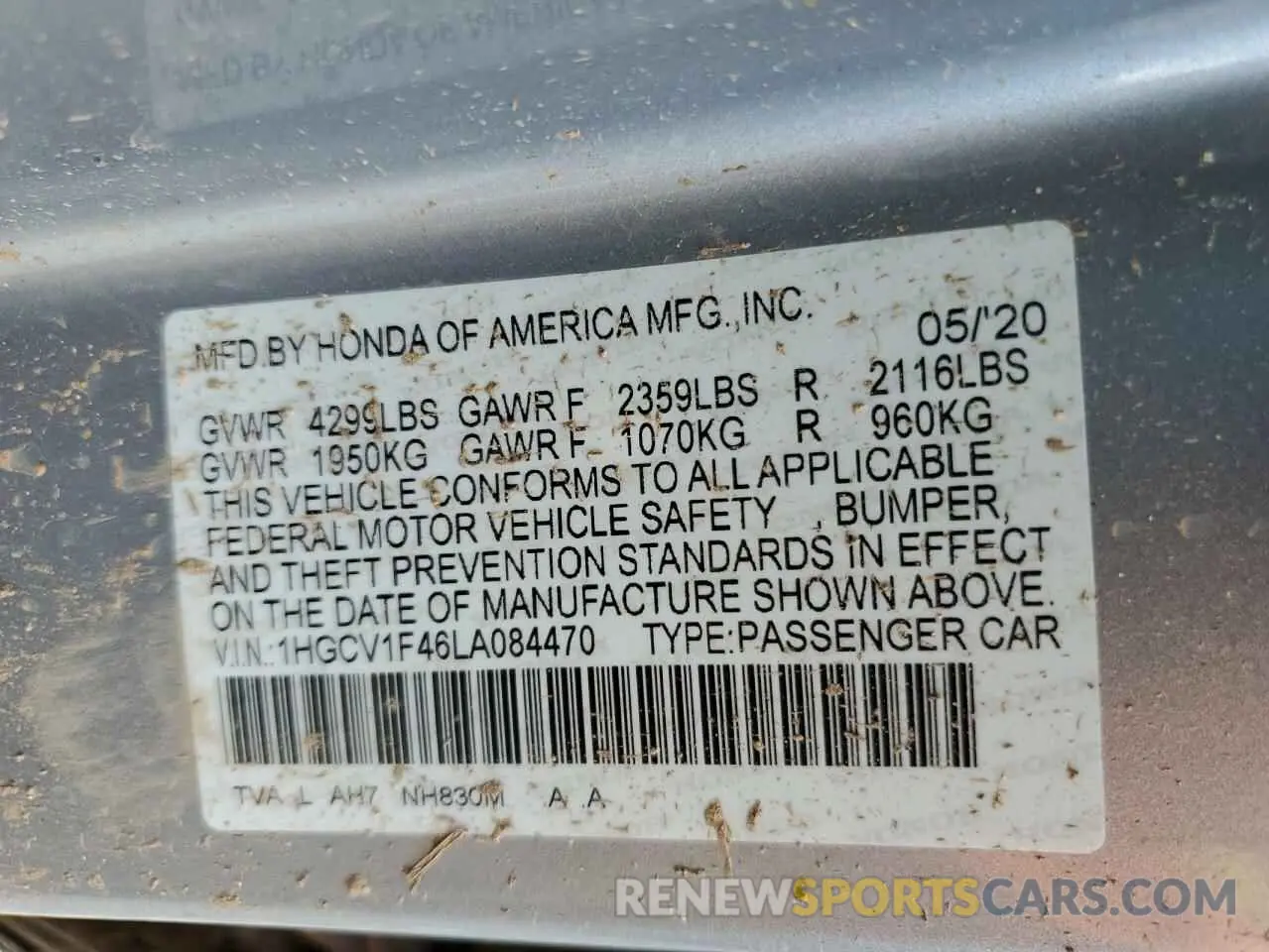 12 fotografías del automóvil dañado 1HGCV1F46LA084470 HONDA ACCORD 2020