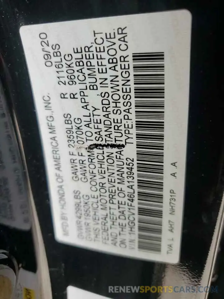 13 fotografías del automóvil dañado 1HGCV1F46LA139452 HONDA ACCORD 2020
