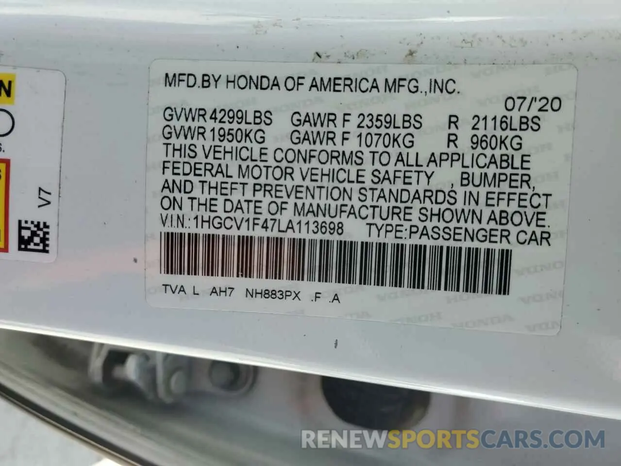 12 fotografías del automóvil dañado 1HGCV1F47LA113698 HONDA ACCORD 2020