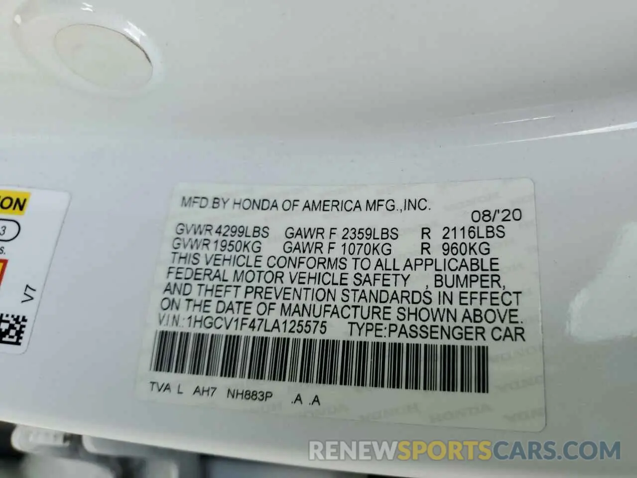 12 fotografías del automóvil dañado 1HGCV1F47LA125575 HONDA ACCORD 2020