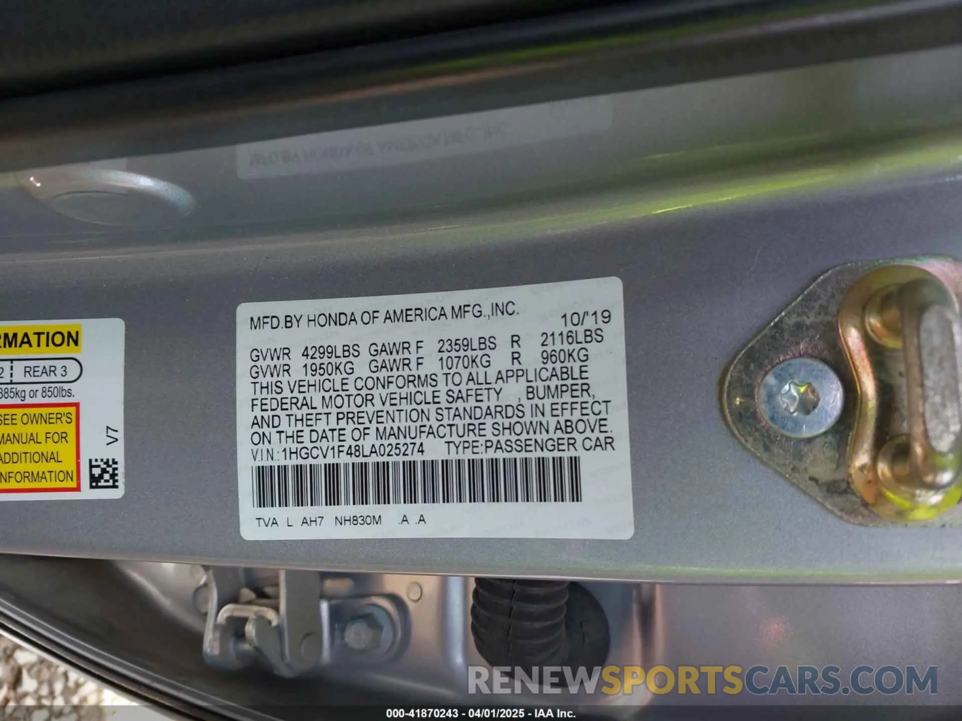 9 fotografías del automóvil dañado 1HGCV1F48LA025274 HONDA ACCORD 2020