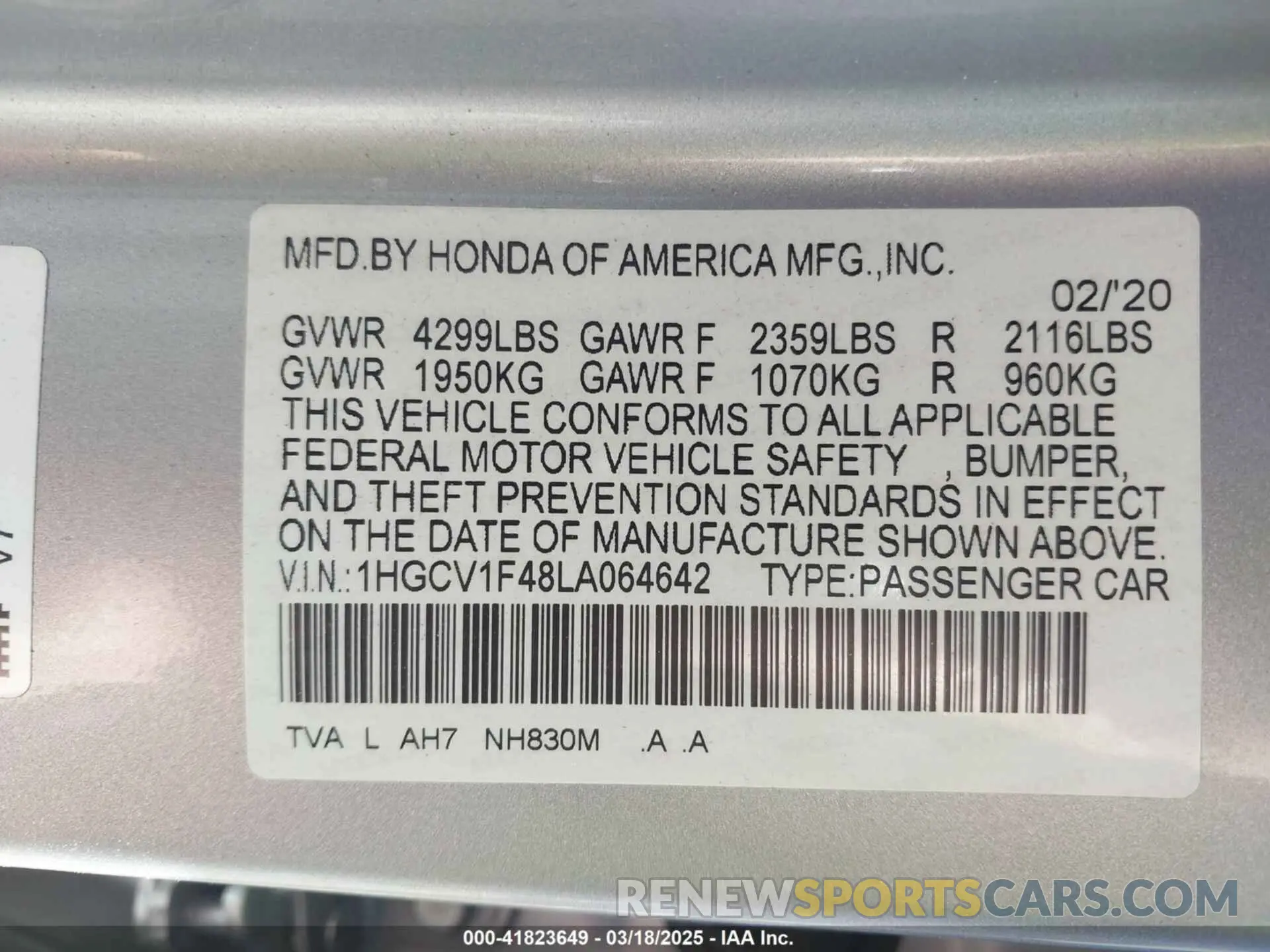 9 fotografías del automóvil dañado 1HGCV1F48LA064642 HONDA ACCORD 2020