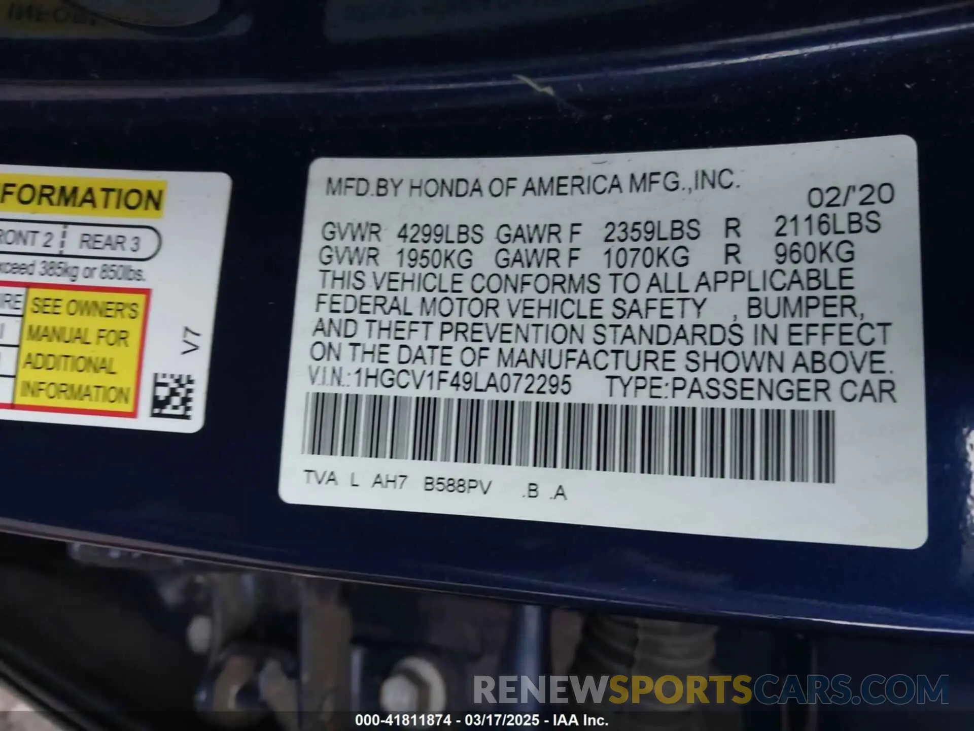 9 fotografías del automóvil dañado 1HGCV1F49LA072295 HONDA ACCORD 2020