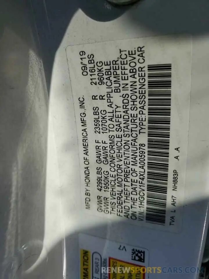12 fotografías del automóvil dañado 1HGCV1F4XLA005978 HONDA ACCORD 2020