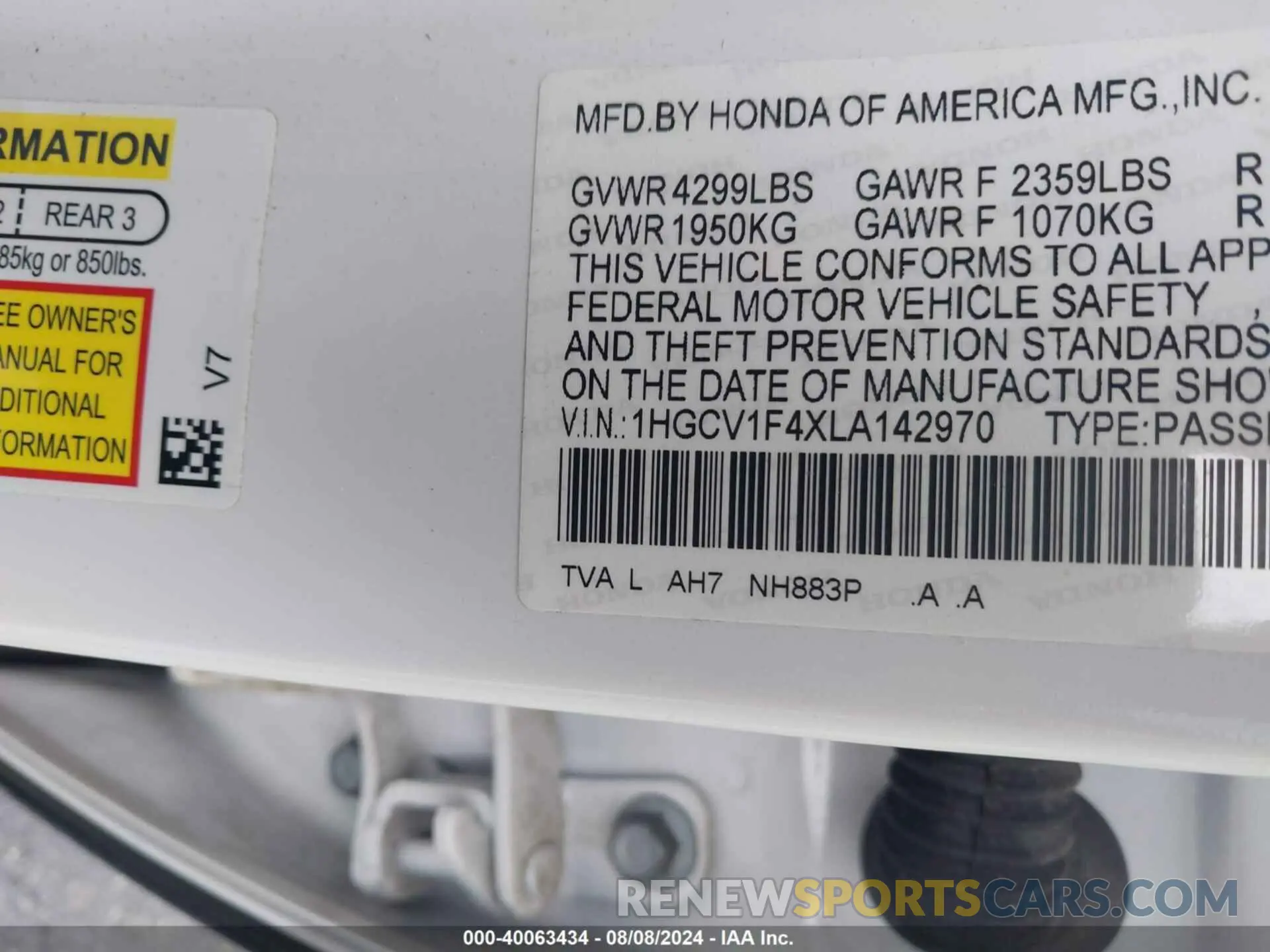 9 fotografías del automóvil dañado 1HGCV1F4XLA142970 HONDA ACCORD 2020