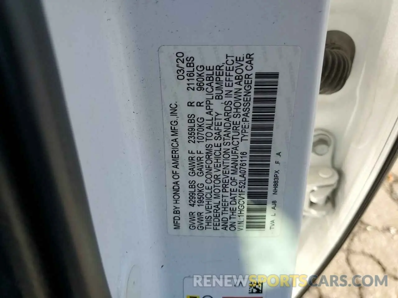 12 fotografías del automóvil dañado 1HGCV1F52LA076116 HONDA ACCORD 2020