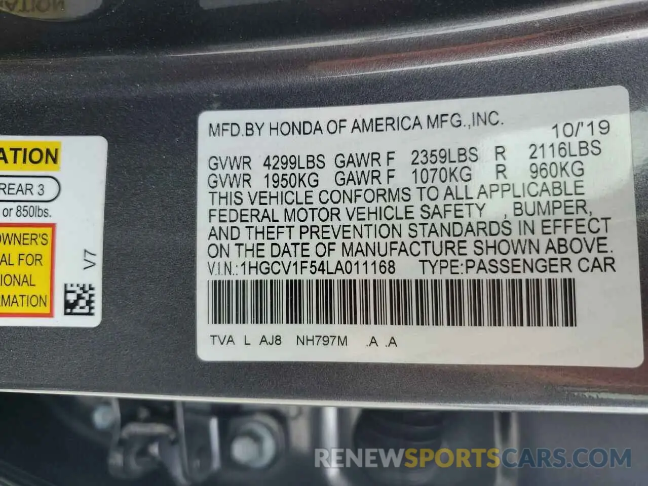 13 fotografías del automóvil dañado 1HGCV1F54LA011168 HONDA ACCORD 2020
