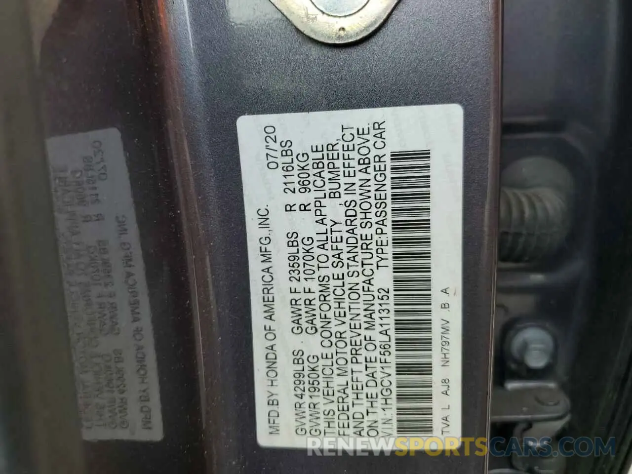 12 fotografías del automóvil dañado 1HGCV1F56LA113152 HONDA ACCORD 2020
