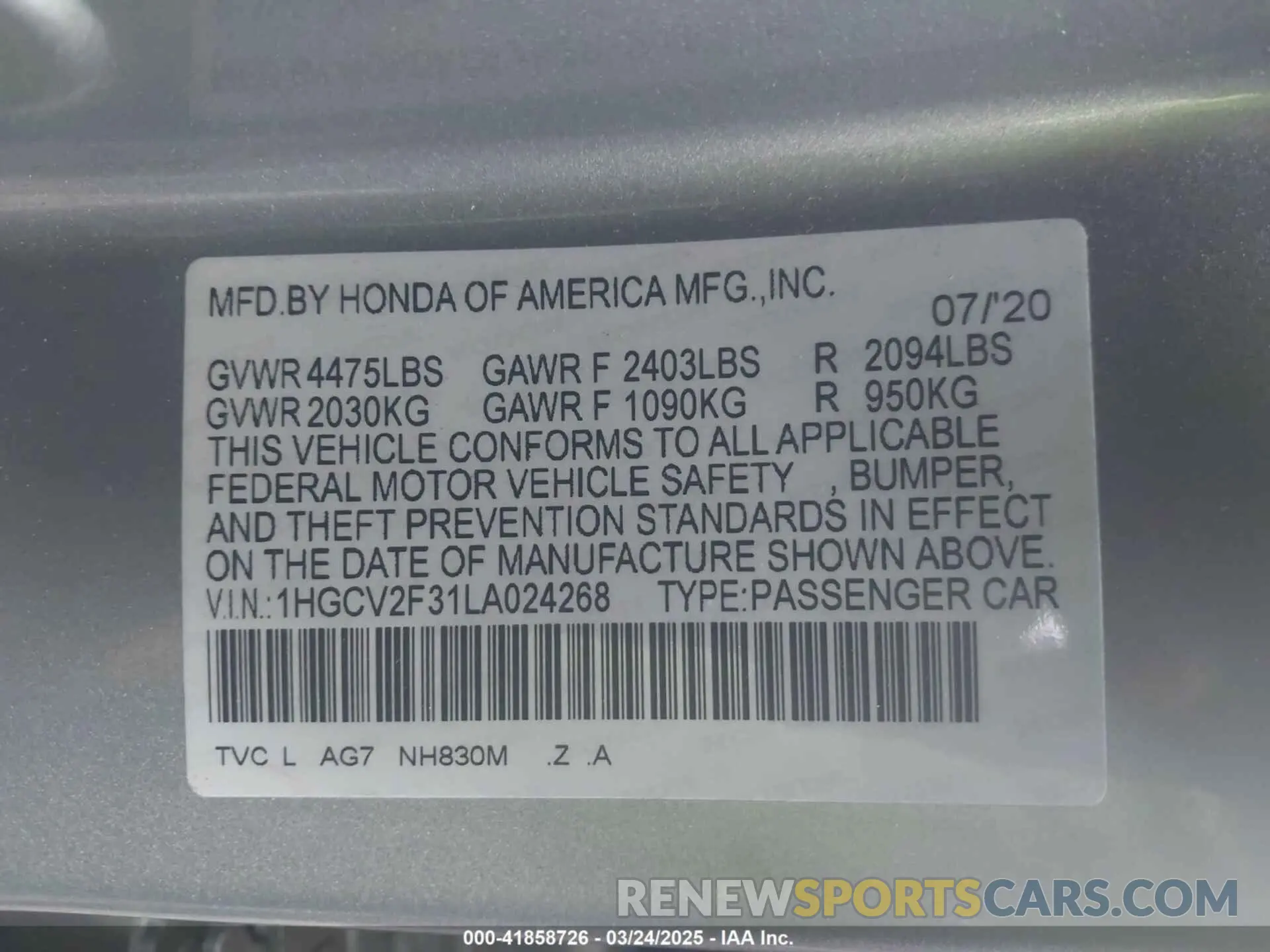 9 fotografías del automóvil dañado 1HGCV2F31LA024268 HONDA ACCORD 2020