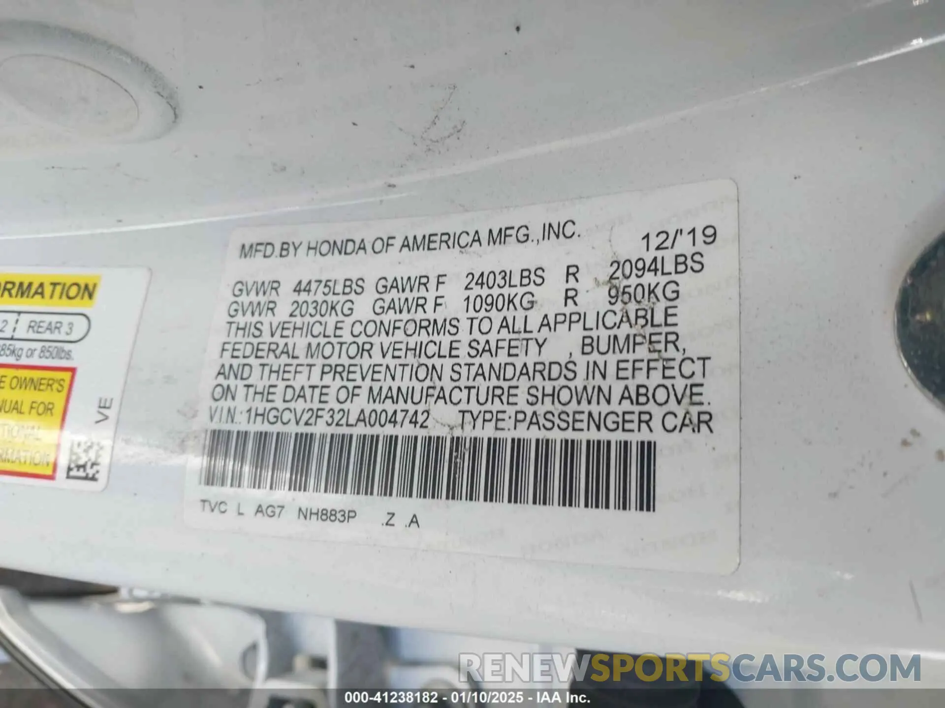 9 fotografías del automóvil dañado 1HGCV2F32LA004742 HONDA ACCORD 2020