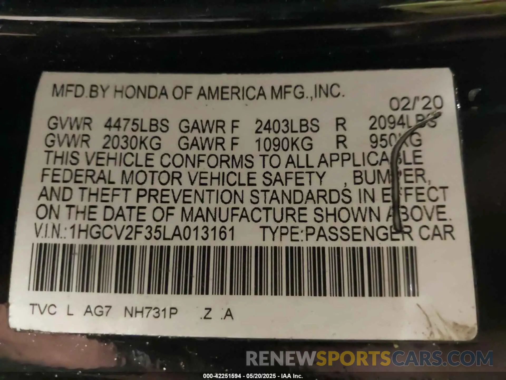 9 fotografías del automóvil dañado 1HGCV2F35LA013161 HONDA ACCORD 2020