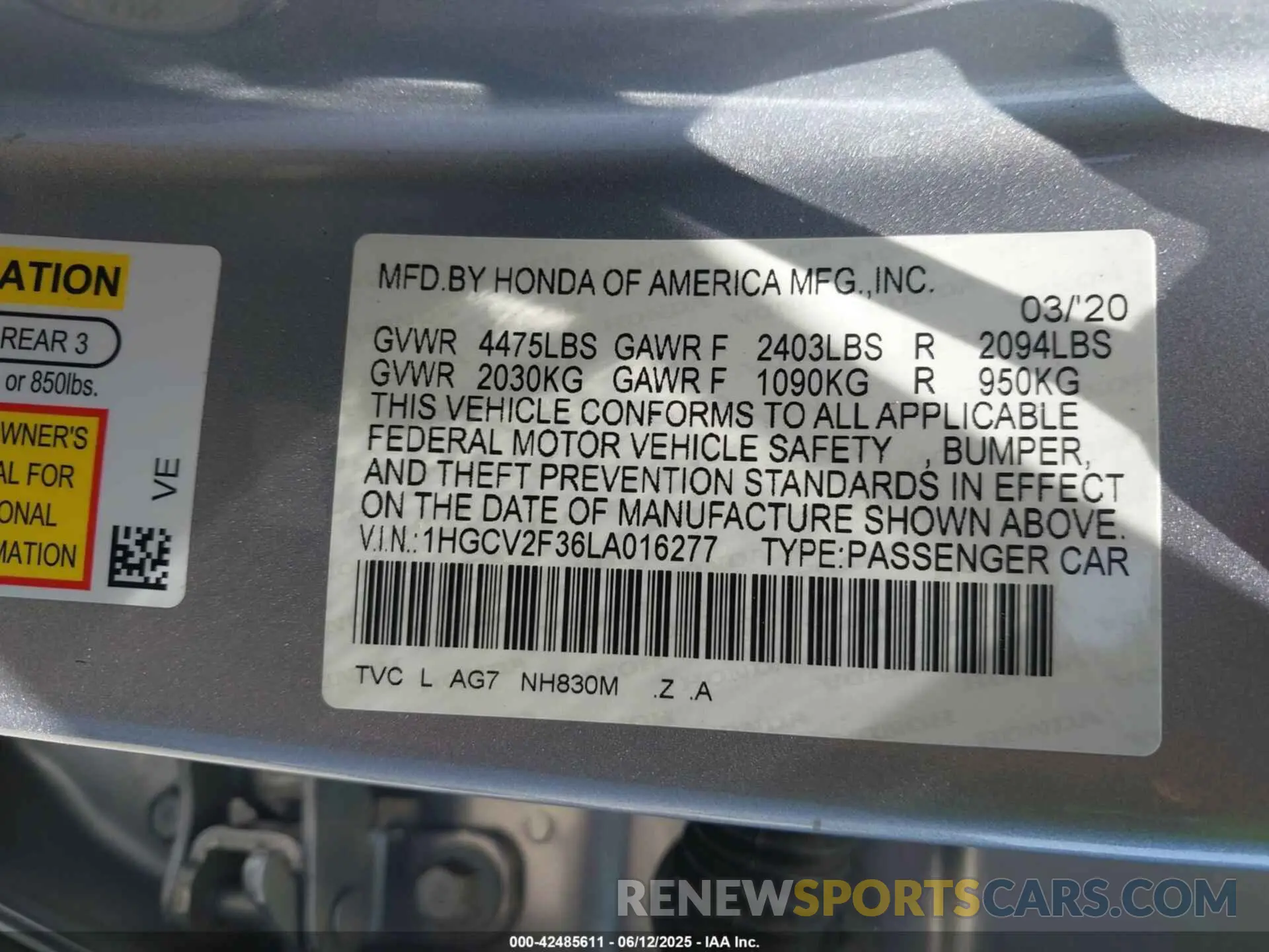 9 fotografías del automóvil dañado 1HGCV2F36LA016277 HONDA ACCORD 2020