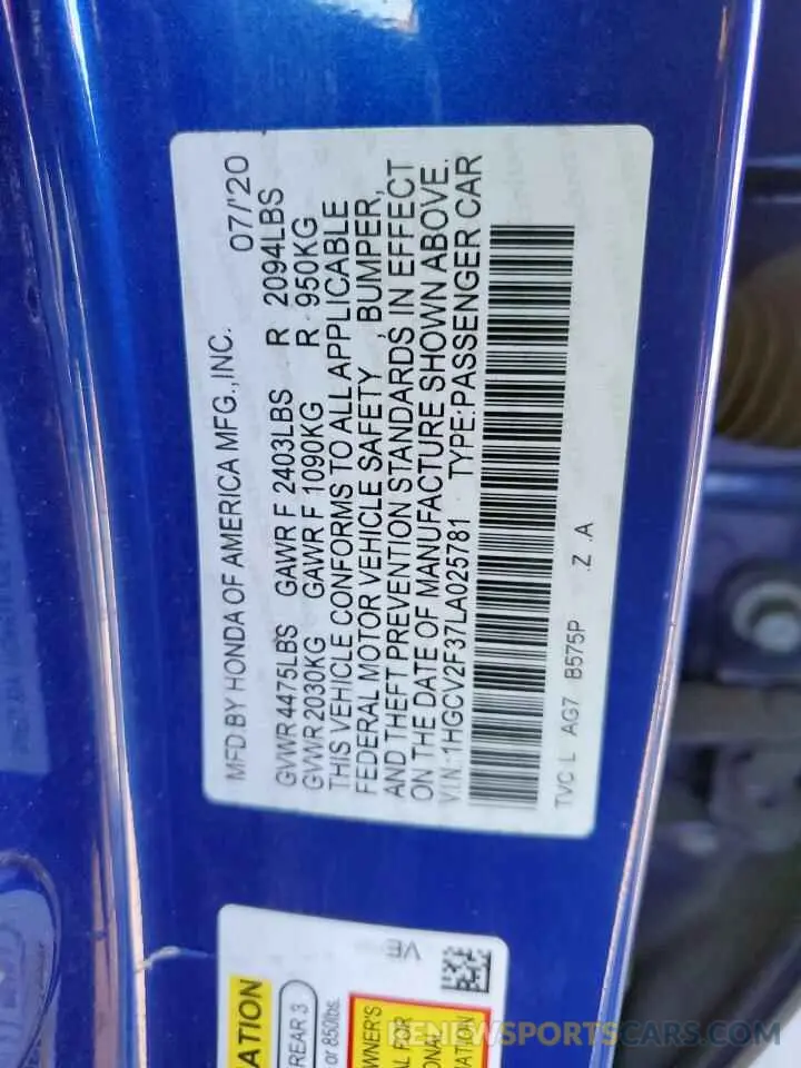 12 fotografías del automóvil dañado 1HGCV2F37LA025781 HONDA ACCORD 2020