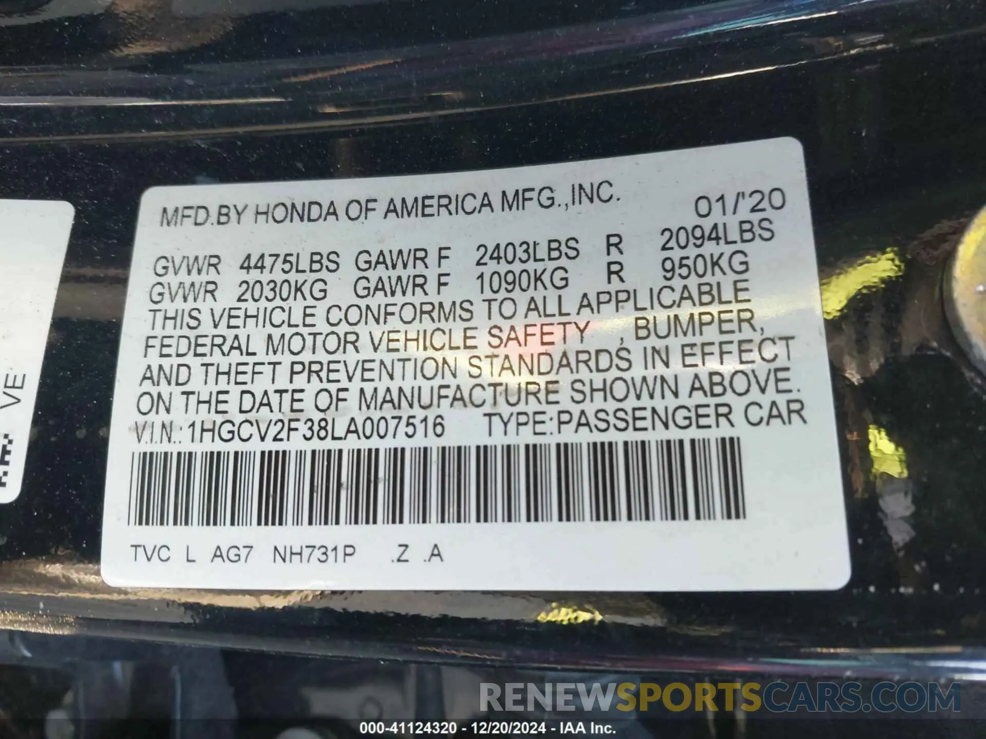 9 fotografías del automóvil dañado 1HGCV2F38LA007516 HONDA ACCORD 2020