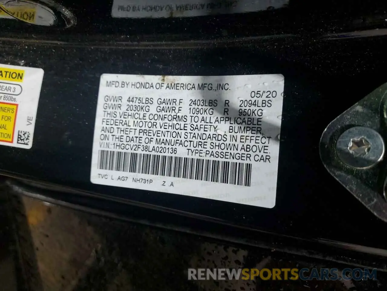 13 fotografías del automóvil dañado 1HGCV2F38LA020136 HONDA ACCORD 2020