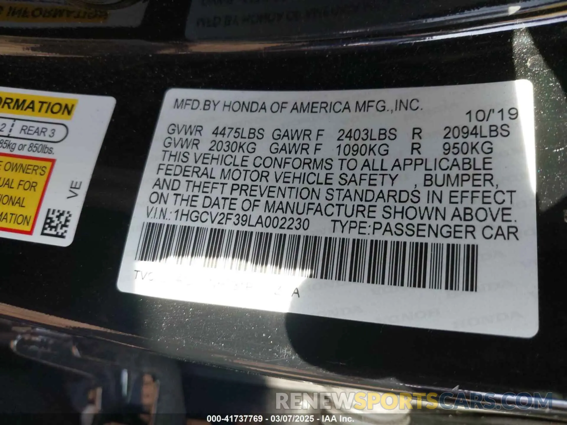 9 fotografías del automóvil dañado 1HGCV2F39LA002230 HONDA ACCORD 2020