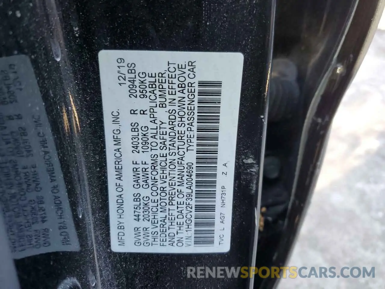 12 fotografías del automóvil dañado 1HGCV2F39LA004690 HONDA ACCORD 2020