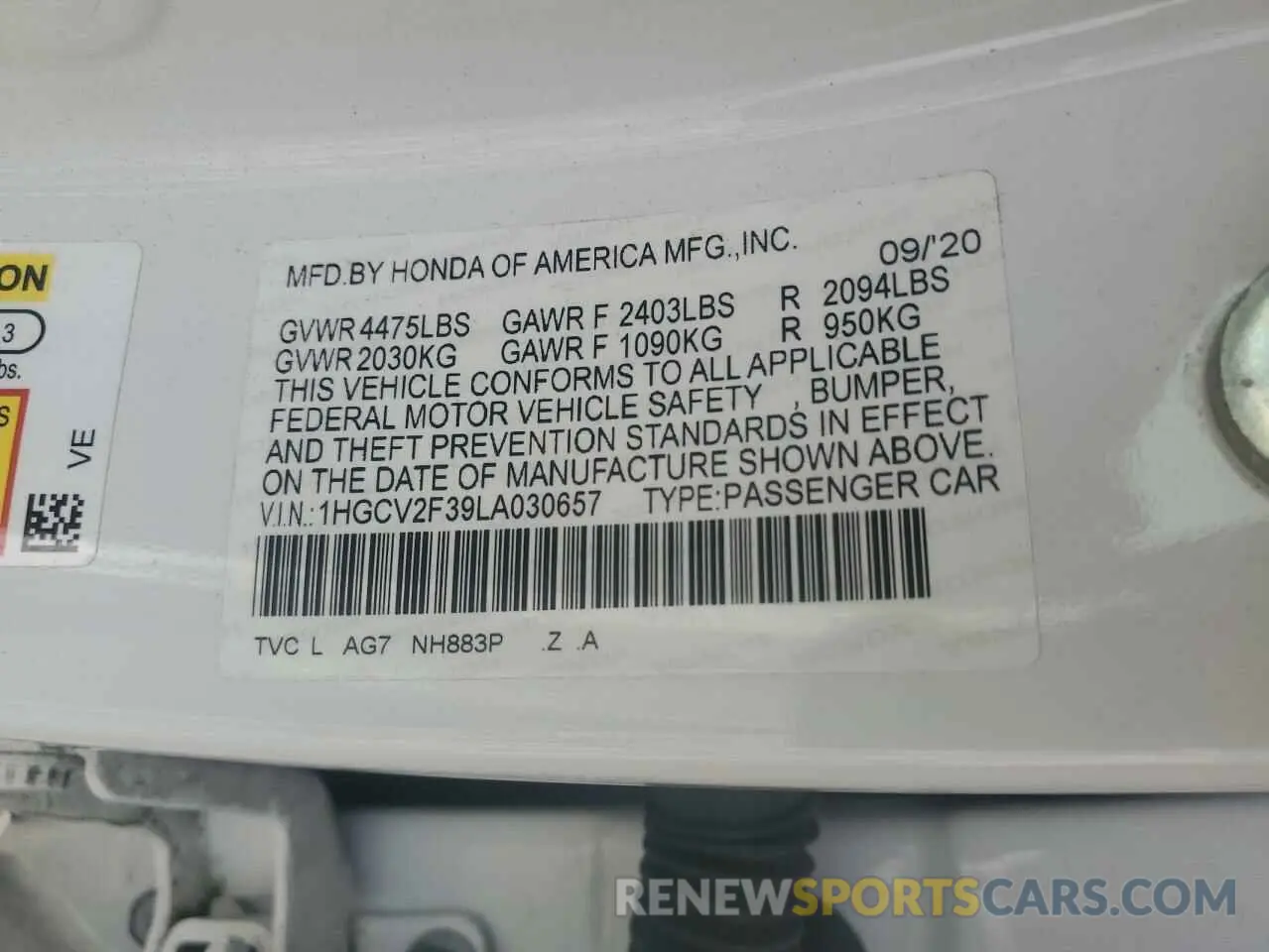 14 fotografías del automóvil dañado 1HGCV2F39LA030657 HONDA ACCORD 2020