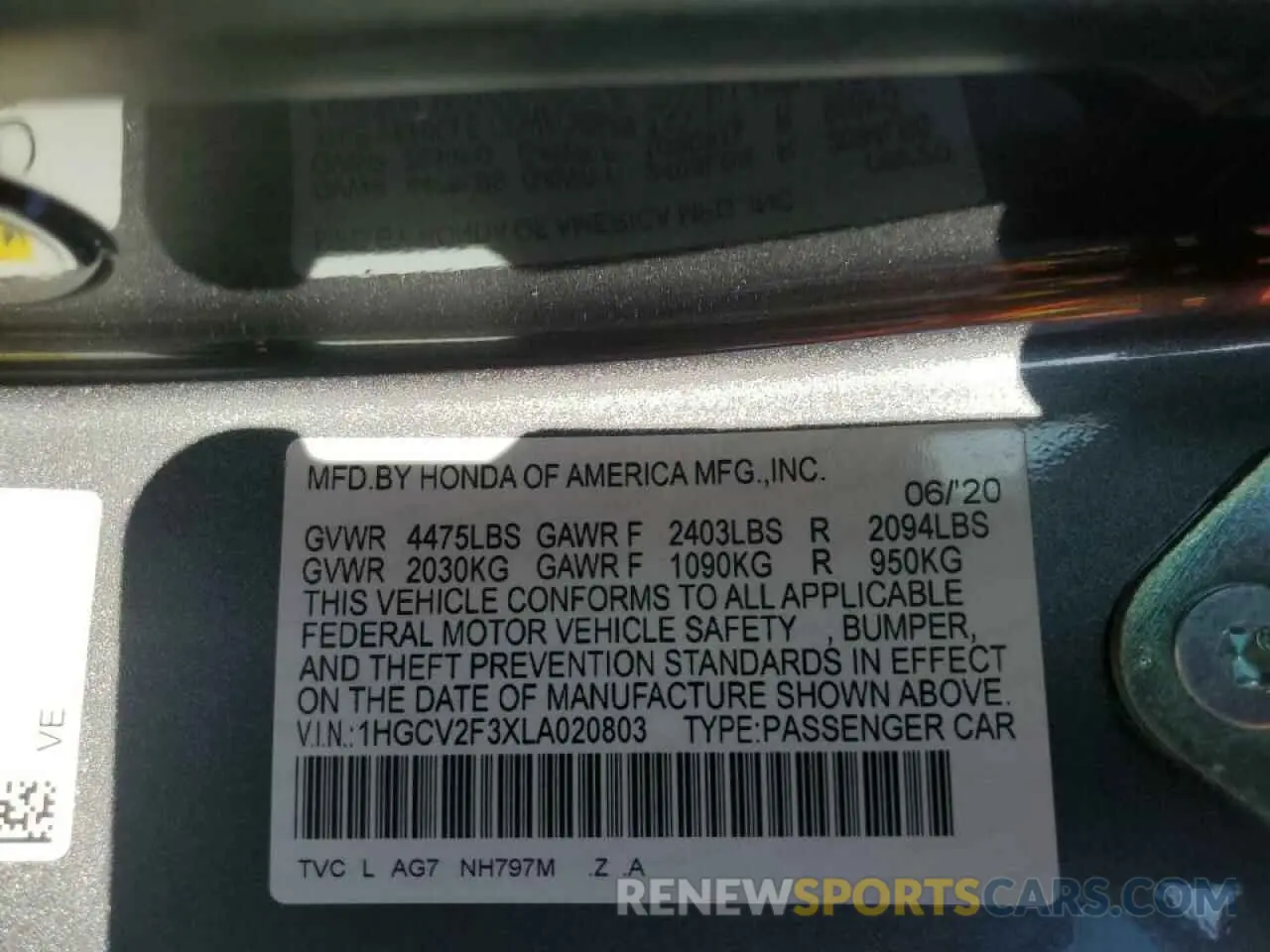 13 fotografías del automóvil dañado 1HGCV2F3XLA020803 HONDA ACCORD 2020