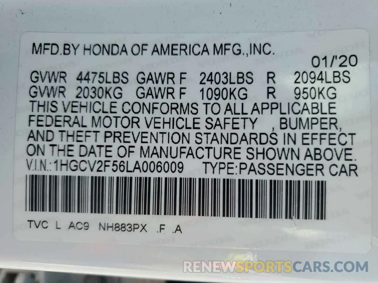 15 fotografías del automóvil dañado 1HGCV2F56LA006009 HONDA ACCORD 2020