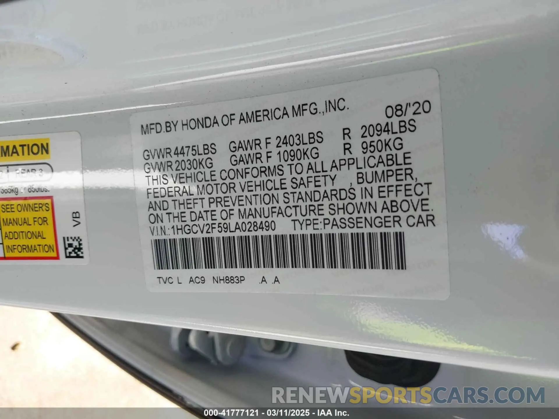 9 fotografías del automóvil dañado 1HGCV2F59LA028490 HONDA ACCORD 2020