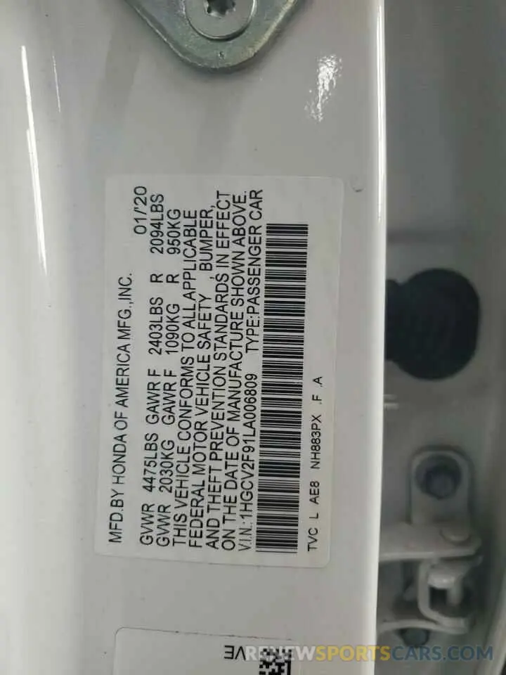 12 fotografías del automóvil dañado 1HGCV2F91LA006809 HONDA ACCORD 2020
