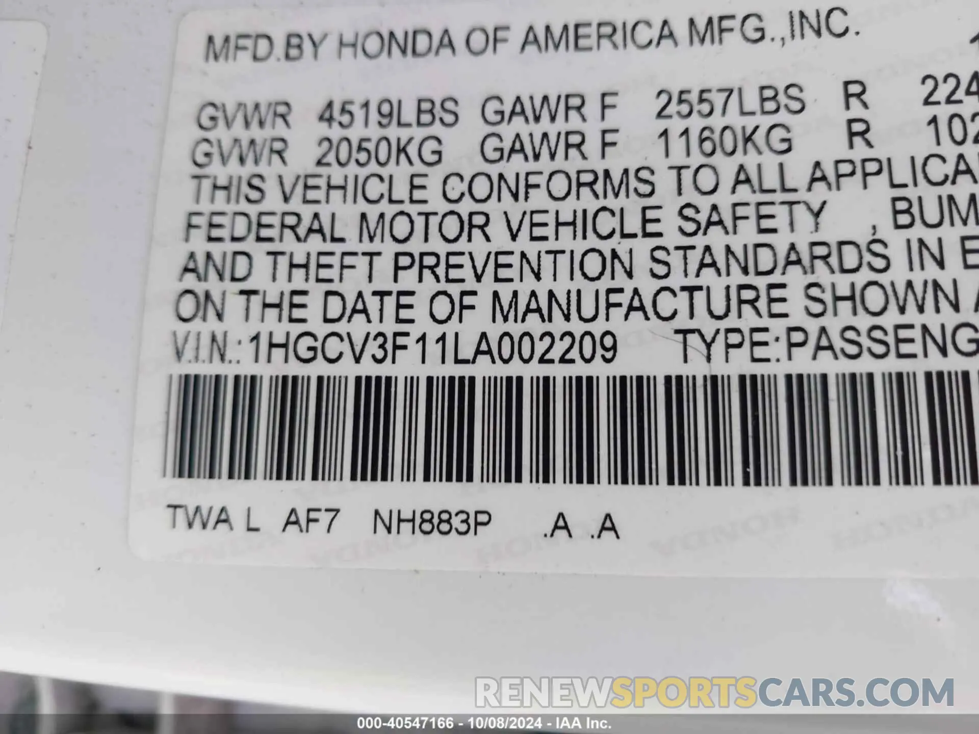 9 fotografías del automóvil dañado 1HGCV3F11LA002209 HONDA ACCORD 2020