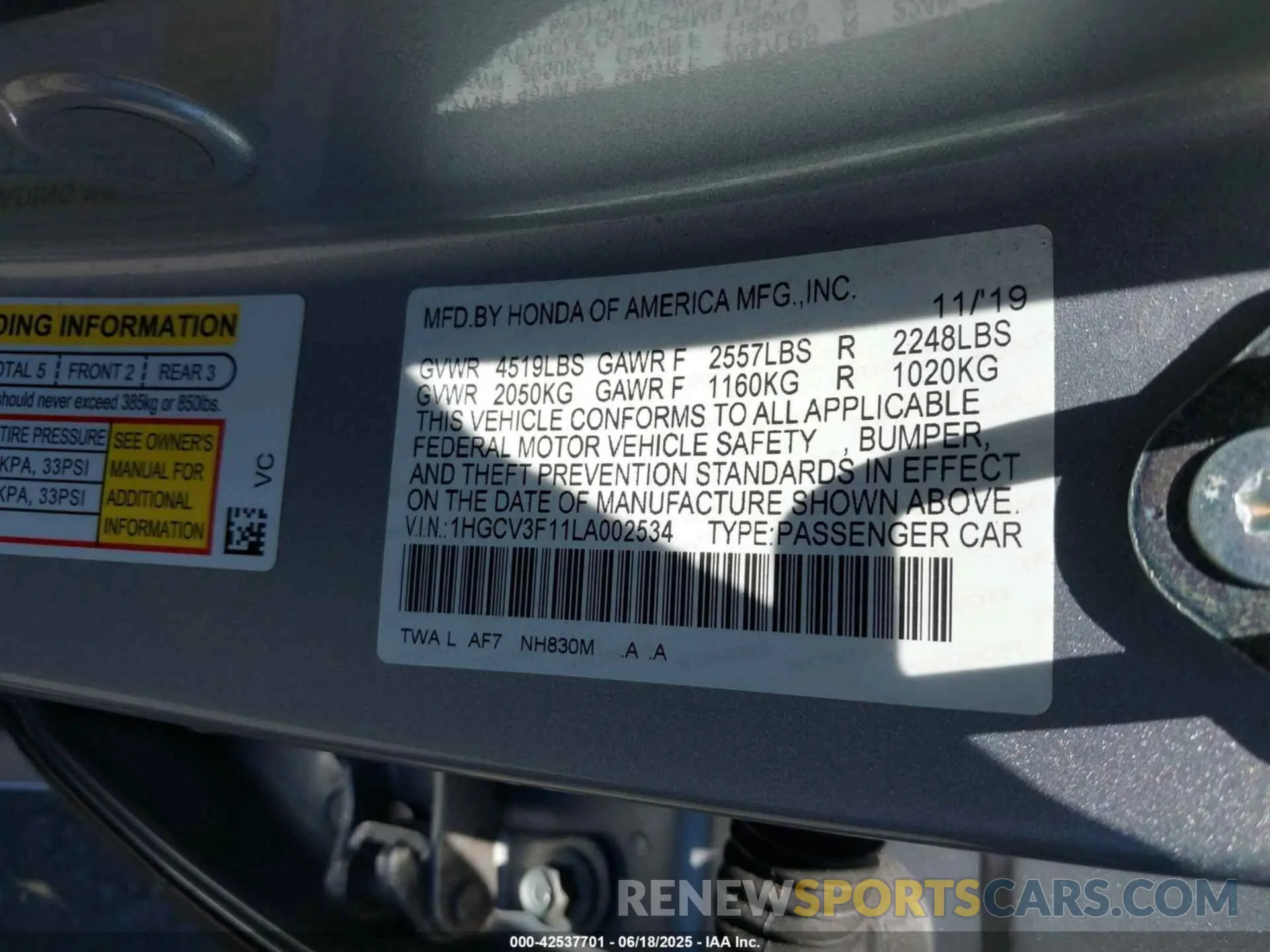 9 fotografías del automóvil dañado 1HGCV3F11LA002534 HONDA ACCORD 2020