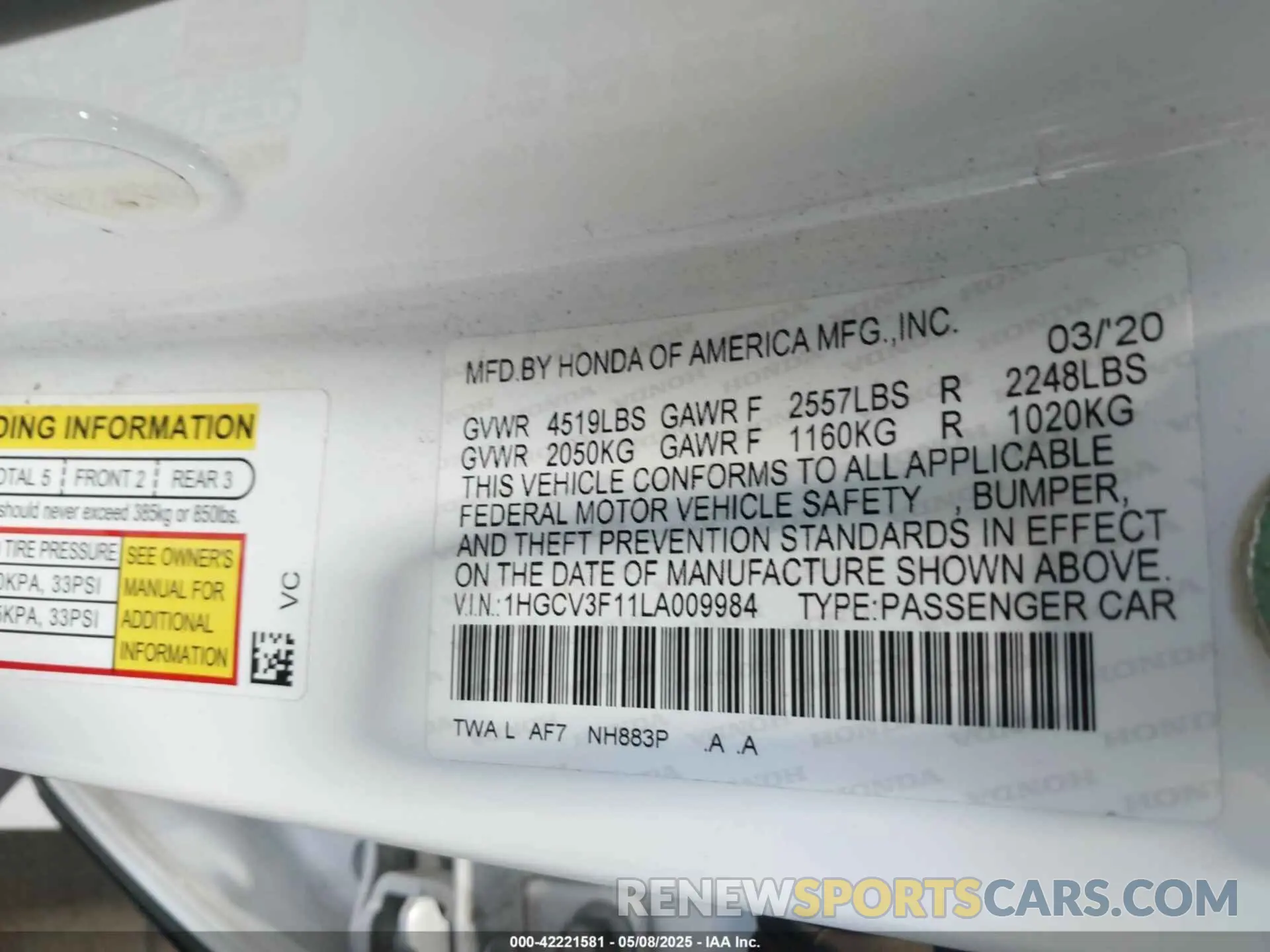 9 fotografías del automóvil dañado 1HGCV3F11LA009984 HONDA ACCORD 2020