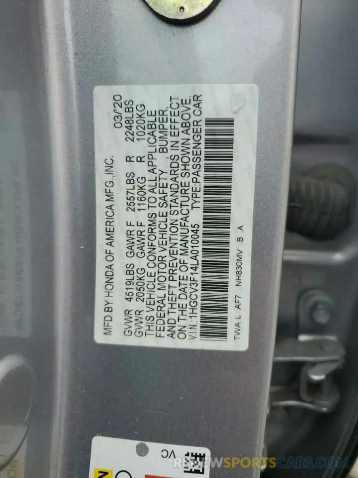 13 fotografías del automóvil dañado 1HGCV3F14LA010045 HONDA ACCORD 2020