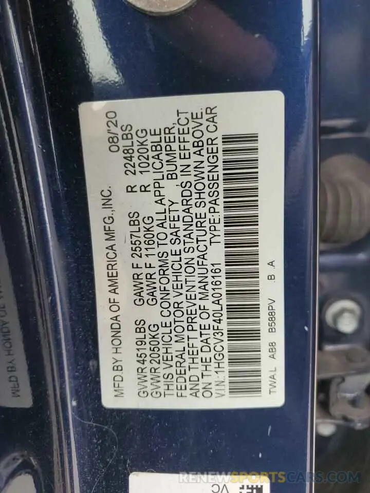 12 fotografías del automóvil dañado 1HGCV3F40LA016161 HONDA ACCORD 2020