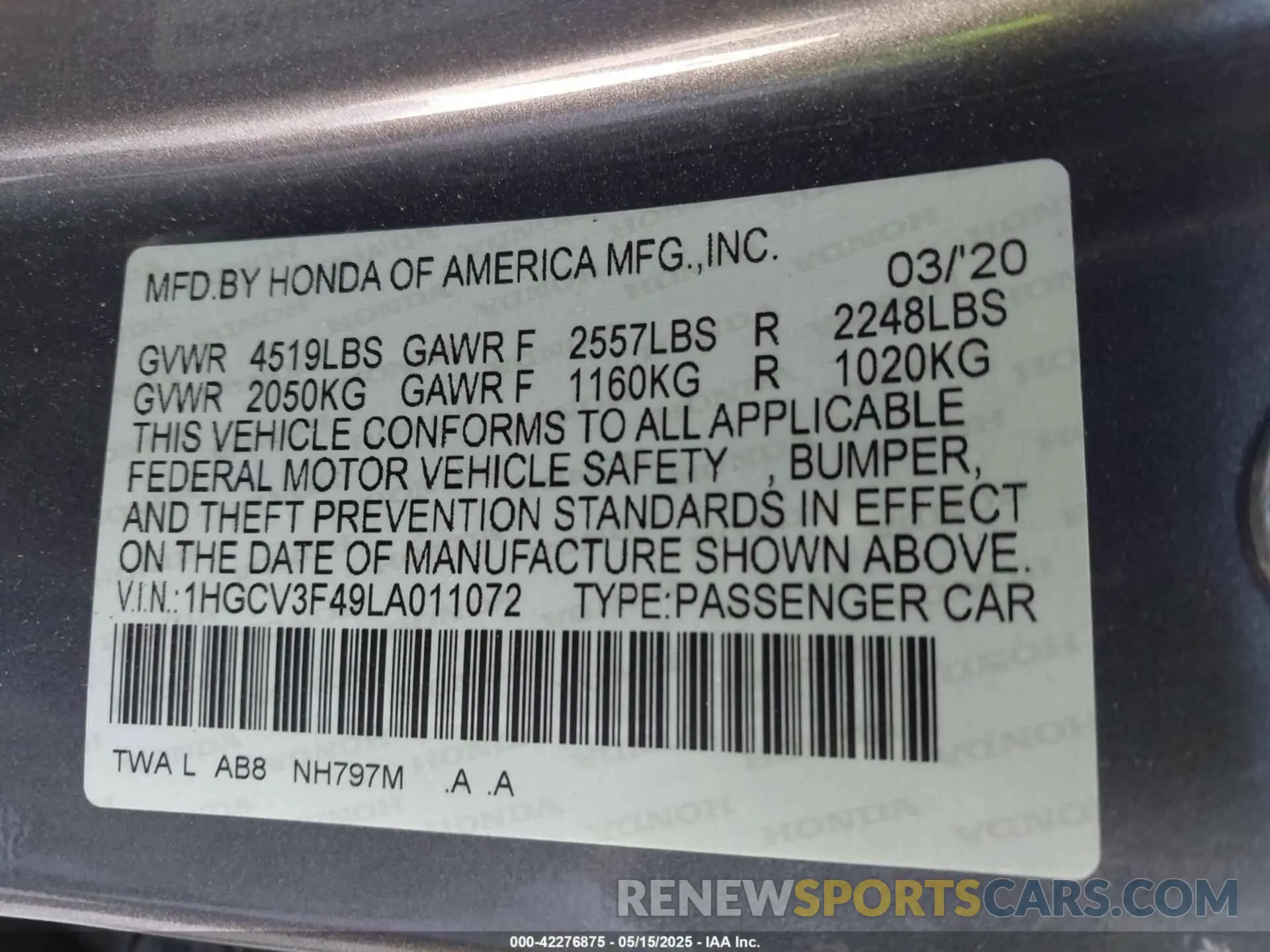 9 fotografías del automóvil dañado 1HGCV3F49LA011072 HONDA ACCORD 2020