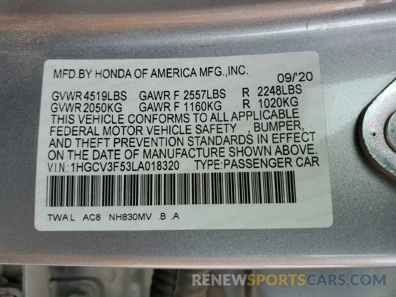 14 fotografías del automóvil dañado 1HGCV3F53LA018320 HONDA ACCORD 2020