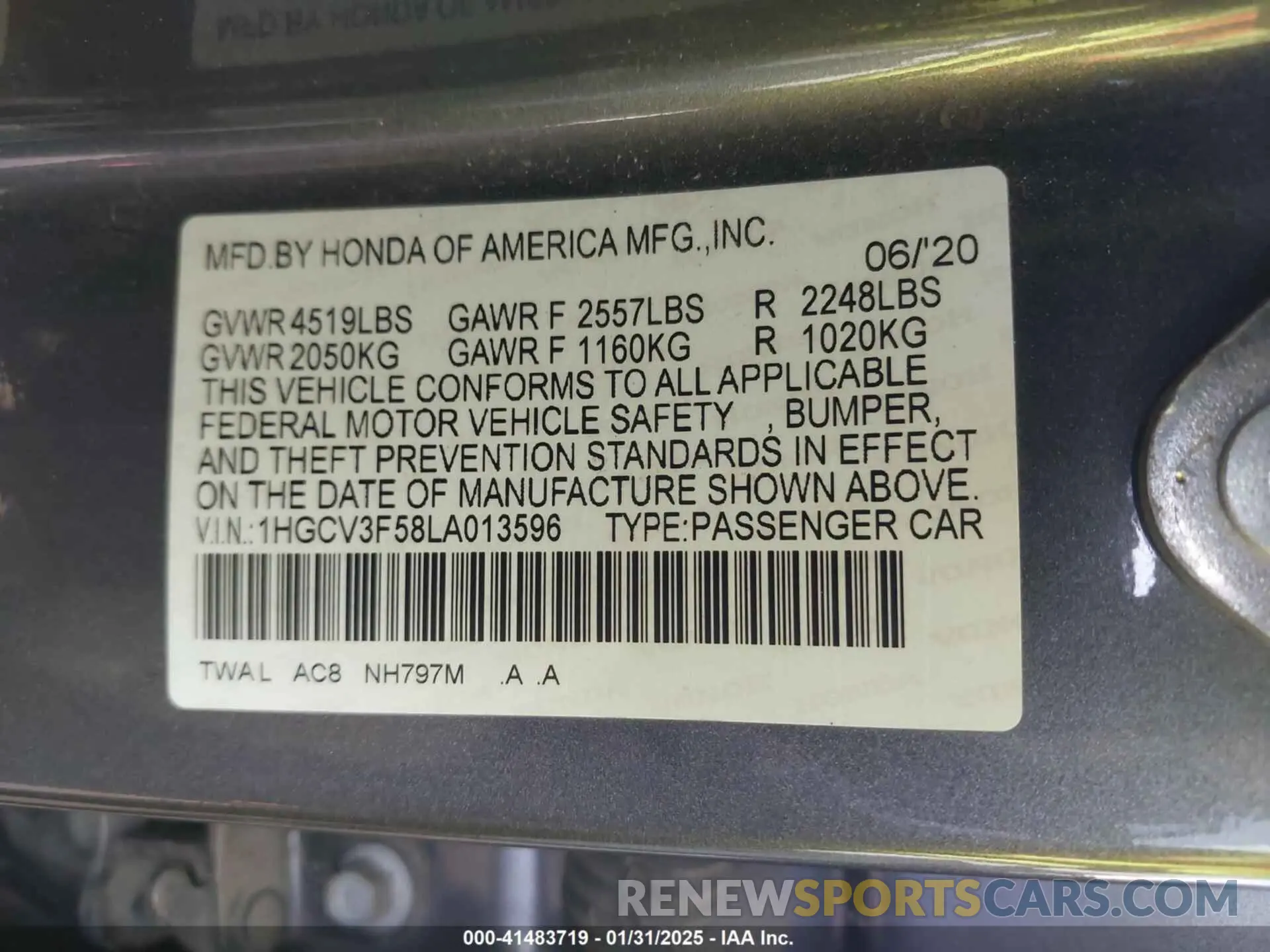 9 fotografías del automóvil dañado 1HGCV3F58LA013596 HONDA ACCORD 2020