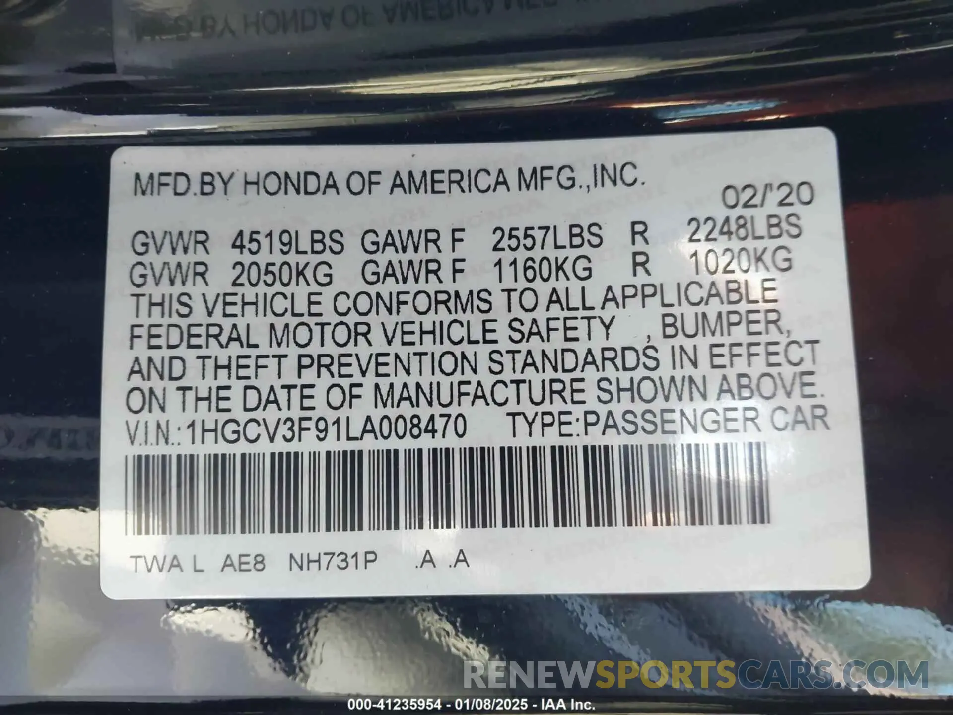 9 fotografías del automóvil dañado 1HGCV3F91LA008470 HONDA ACCORD 2020