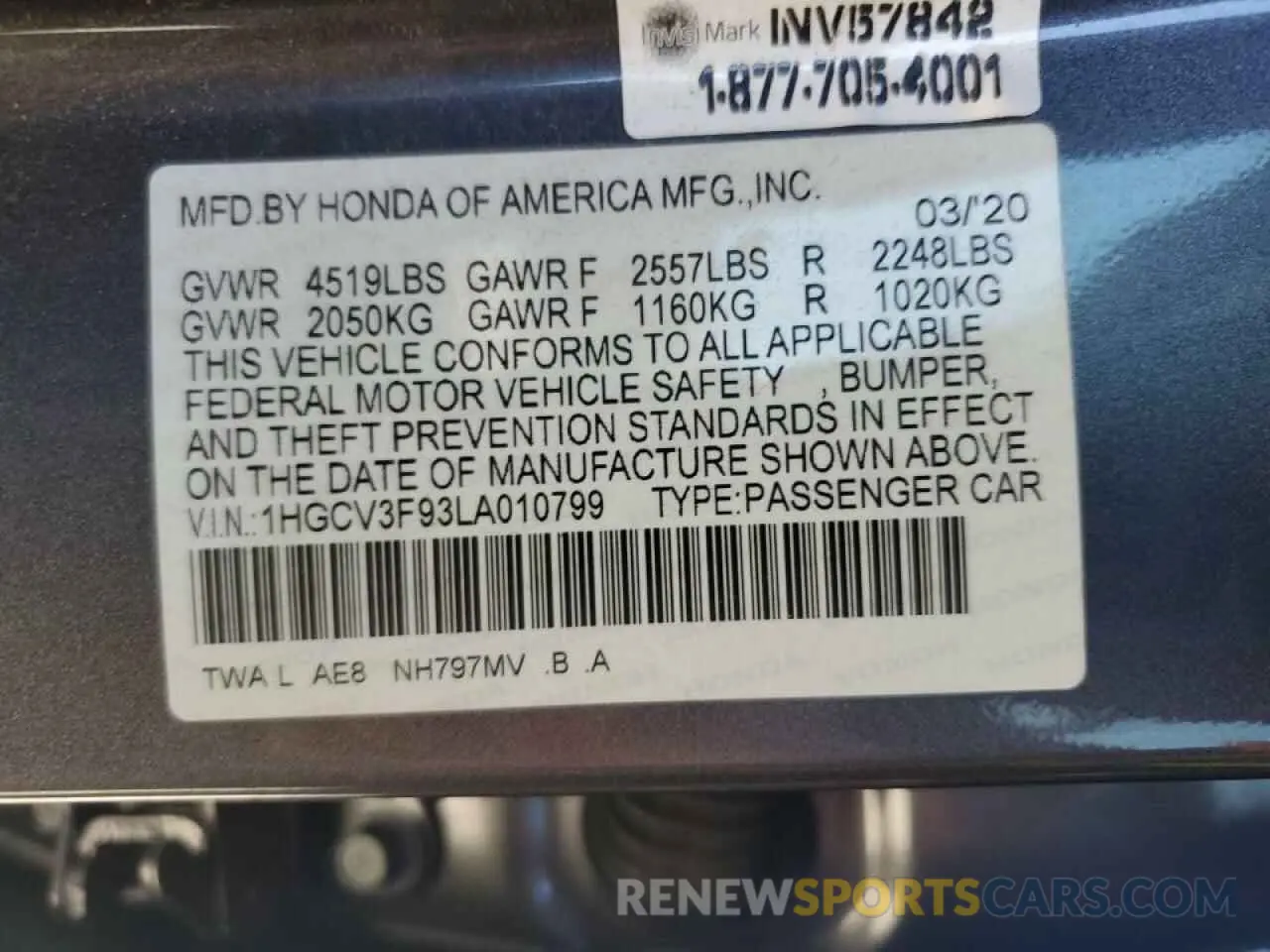 14 fotografías del automóvil dañado 1HGCV3F93LA010799 HONDA ACCORD 2020