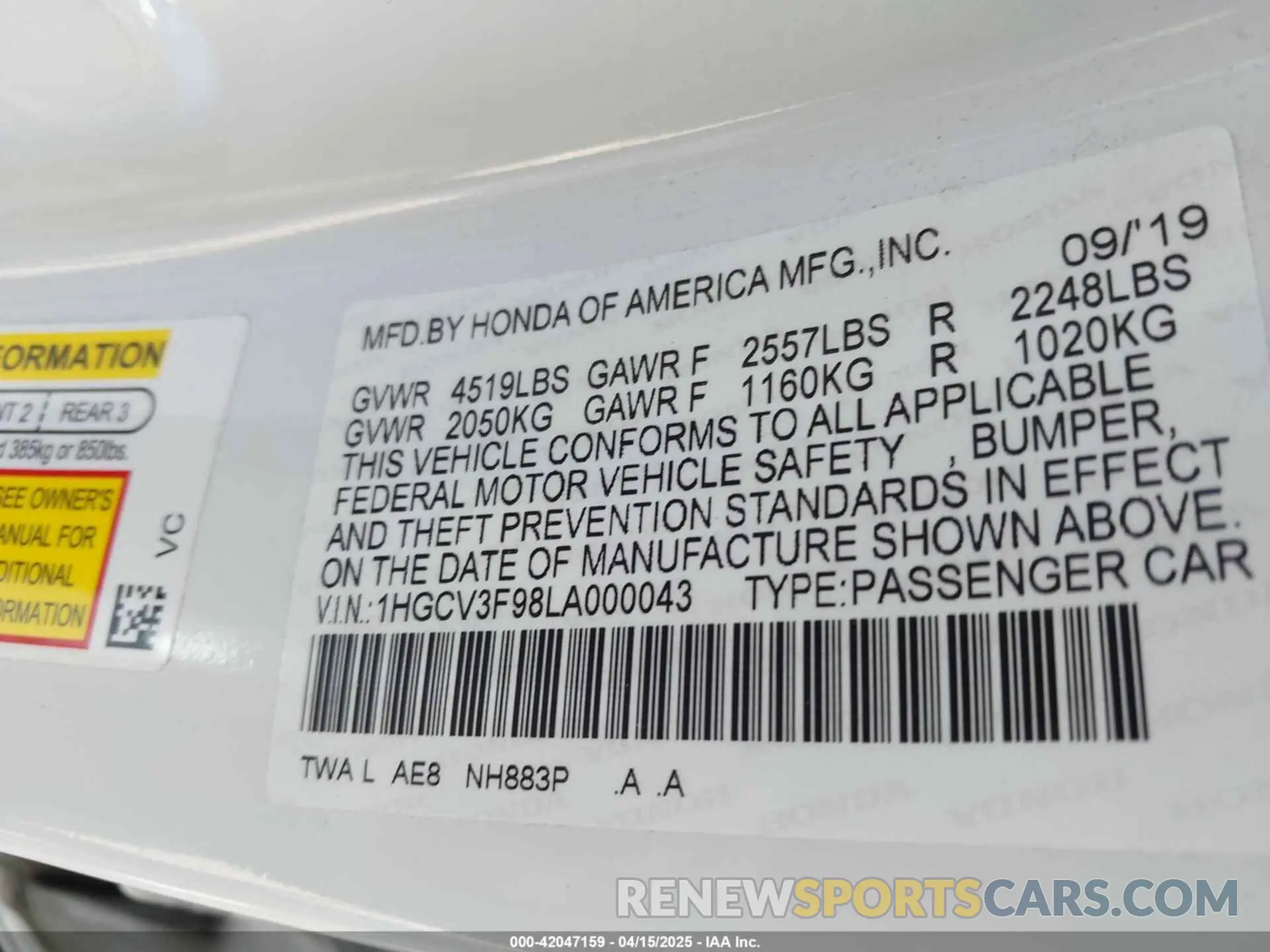 9 fotografías del automóvil dañado 1HGCV3F98LA000043 HONDA ACCORD 2020