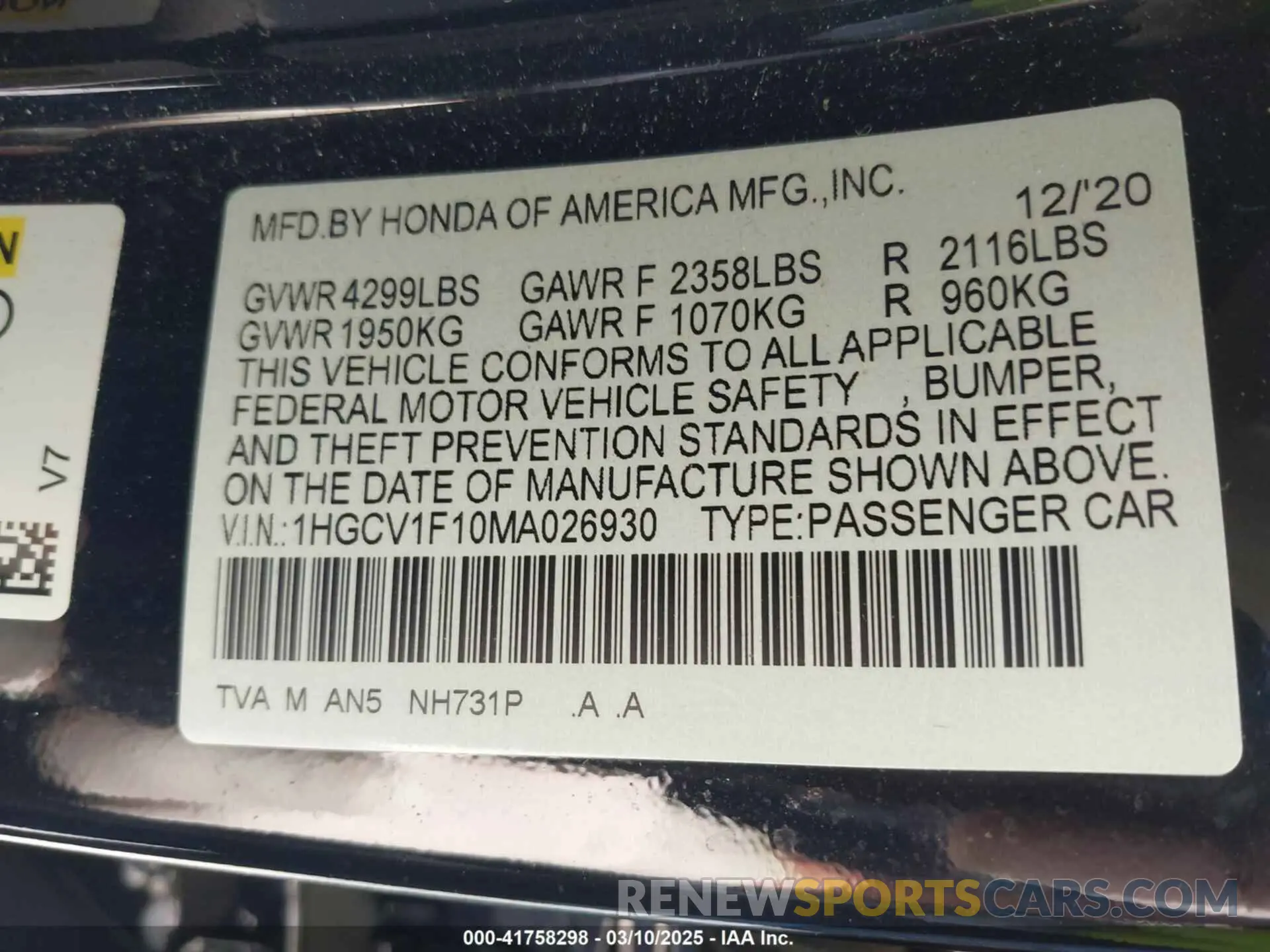 9 fotografías del automóvil dañado 1HGCV1F10MA026930 HONDA ACCORD 2021